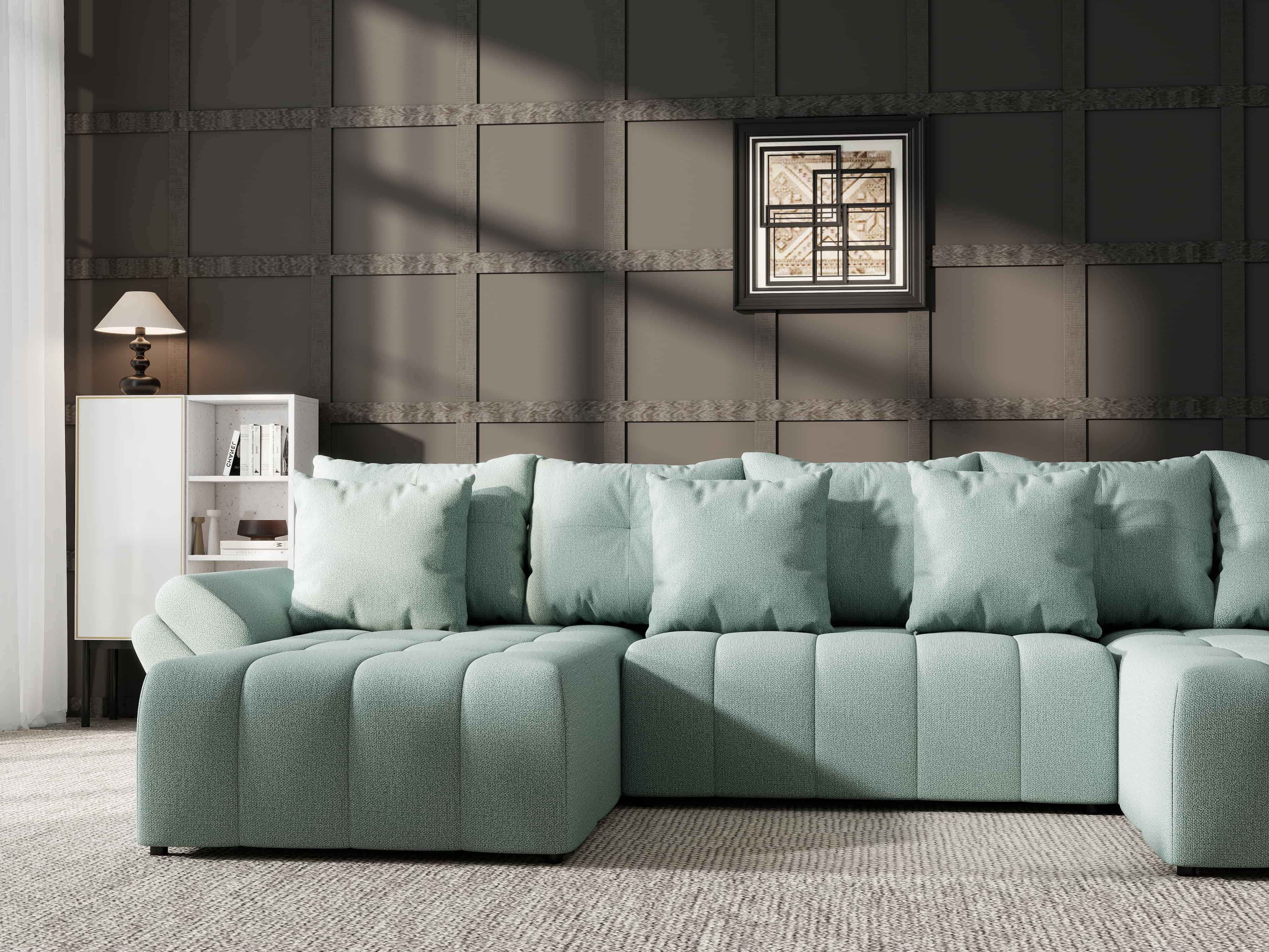 Colțar extensibil dumonde cu ladă de depozitare si sezut confortabil din spuma HR, Berlin U Enjoy Mint 380x180 cm Fabrica