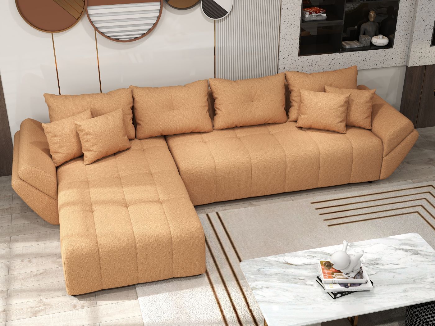 Colțar extensibil dumonde cu ladă de depozitare si sezut confortabil din spuma HR, Berlin XL Enjoy Mango 350x185 cm Fabrica