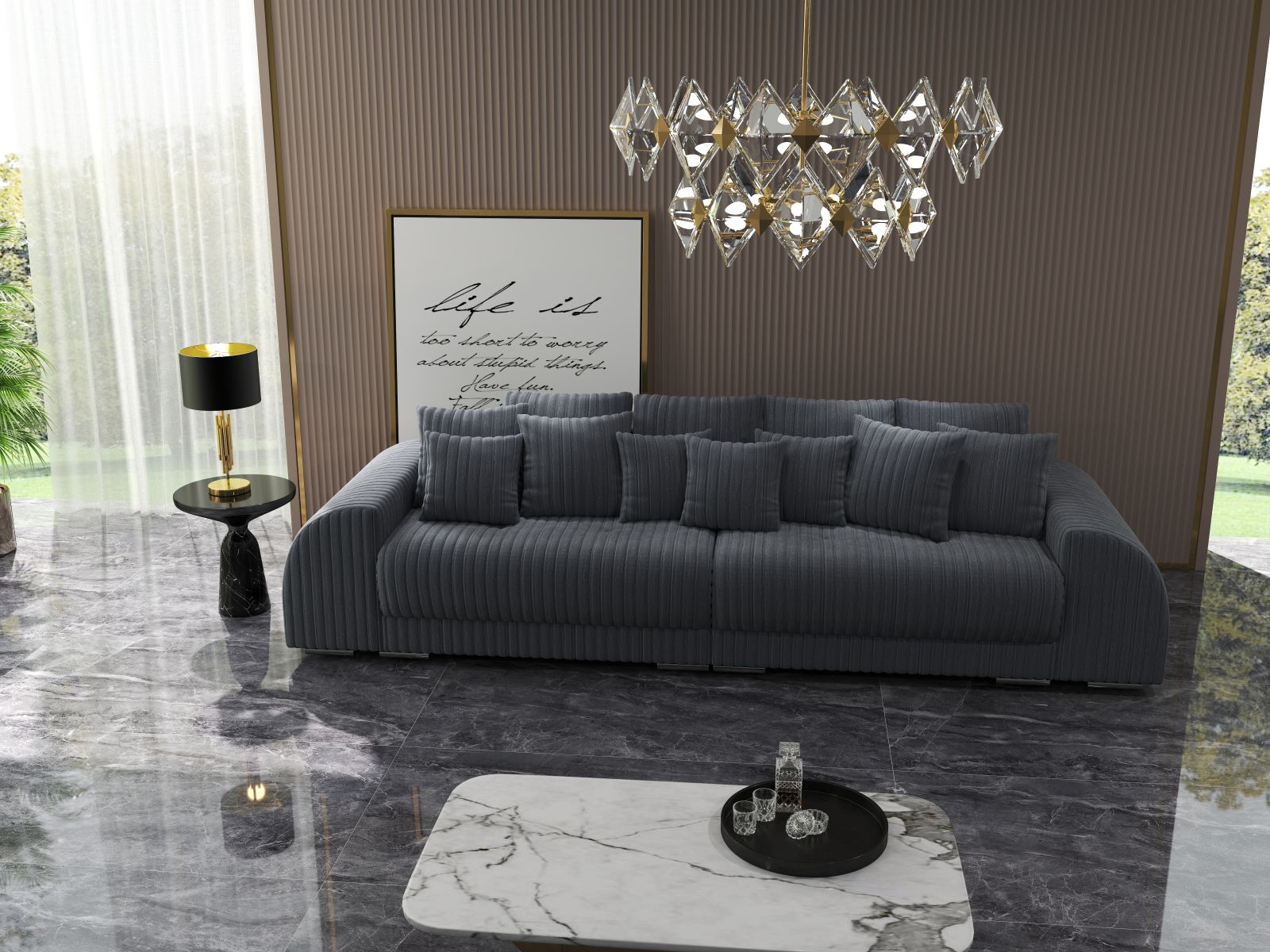 Canapea extensibilă dumonde cu 2 lăzi de depozitare si sezut confortabil din spuma HR, Verona Ambience Grey 310x100 cm Fabrica