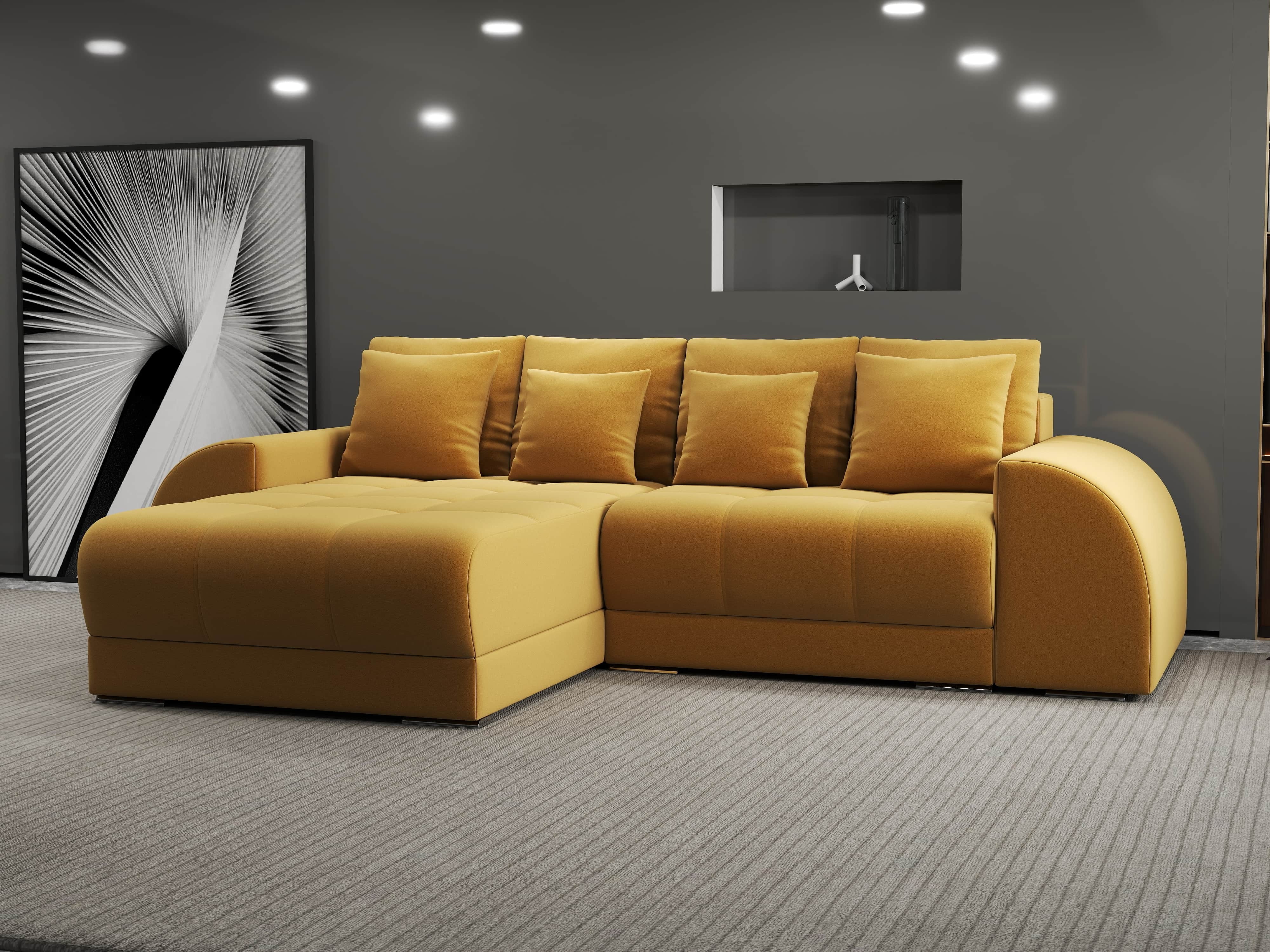 Colțar extensibil dumonde cu ladă de depozitare si sezut confortabil din spuma HR, Verona Royal Mustar 290x185 cm Fabrica