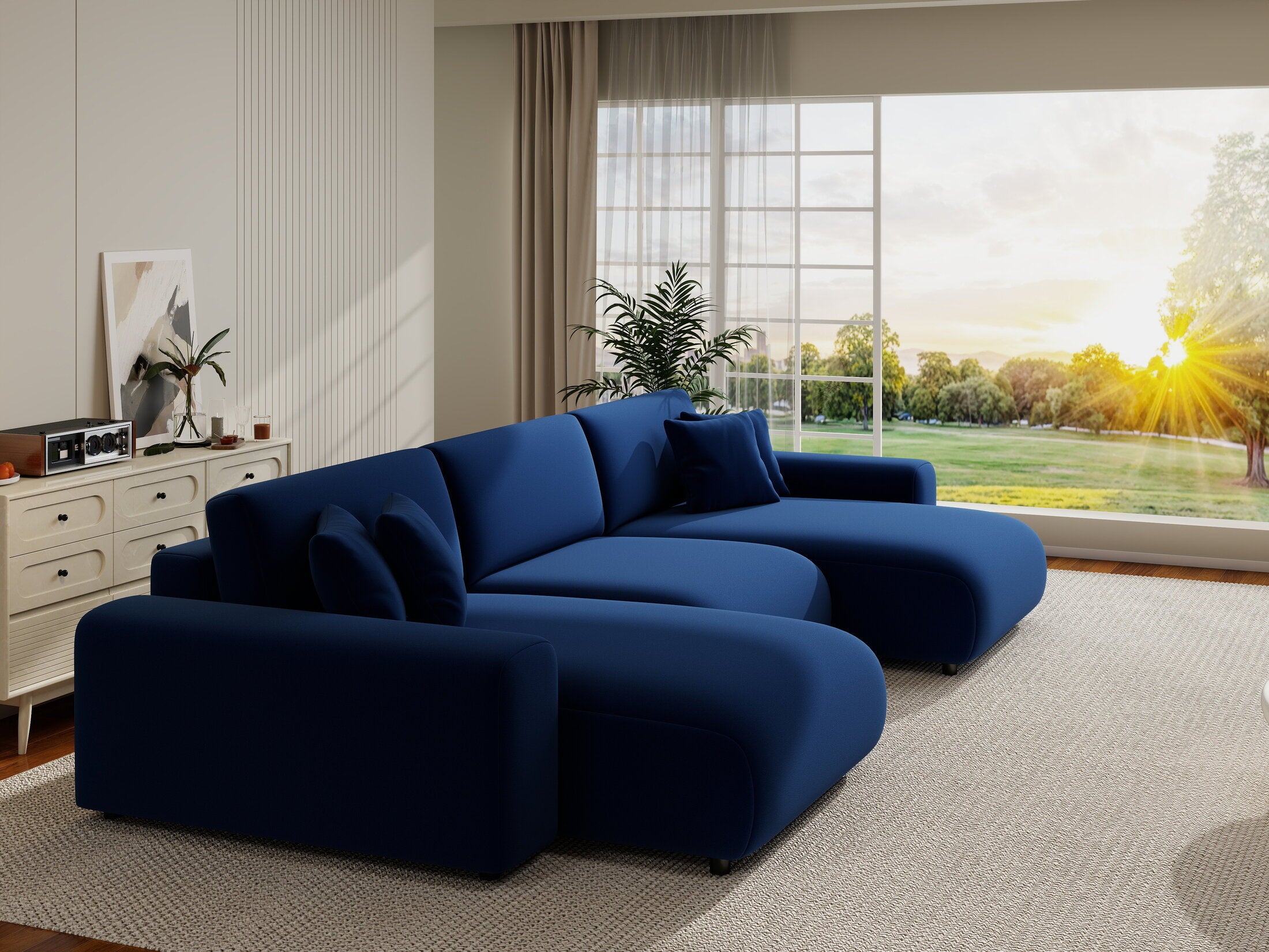 Colțar extensibil dumonde cu ladă de depozitare si sezut confortabil din spuma HR, Sarina U Royal Albastru Navy 350x168 cm