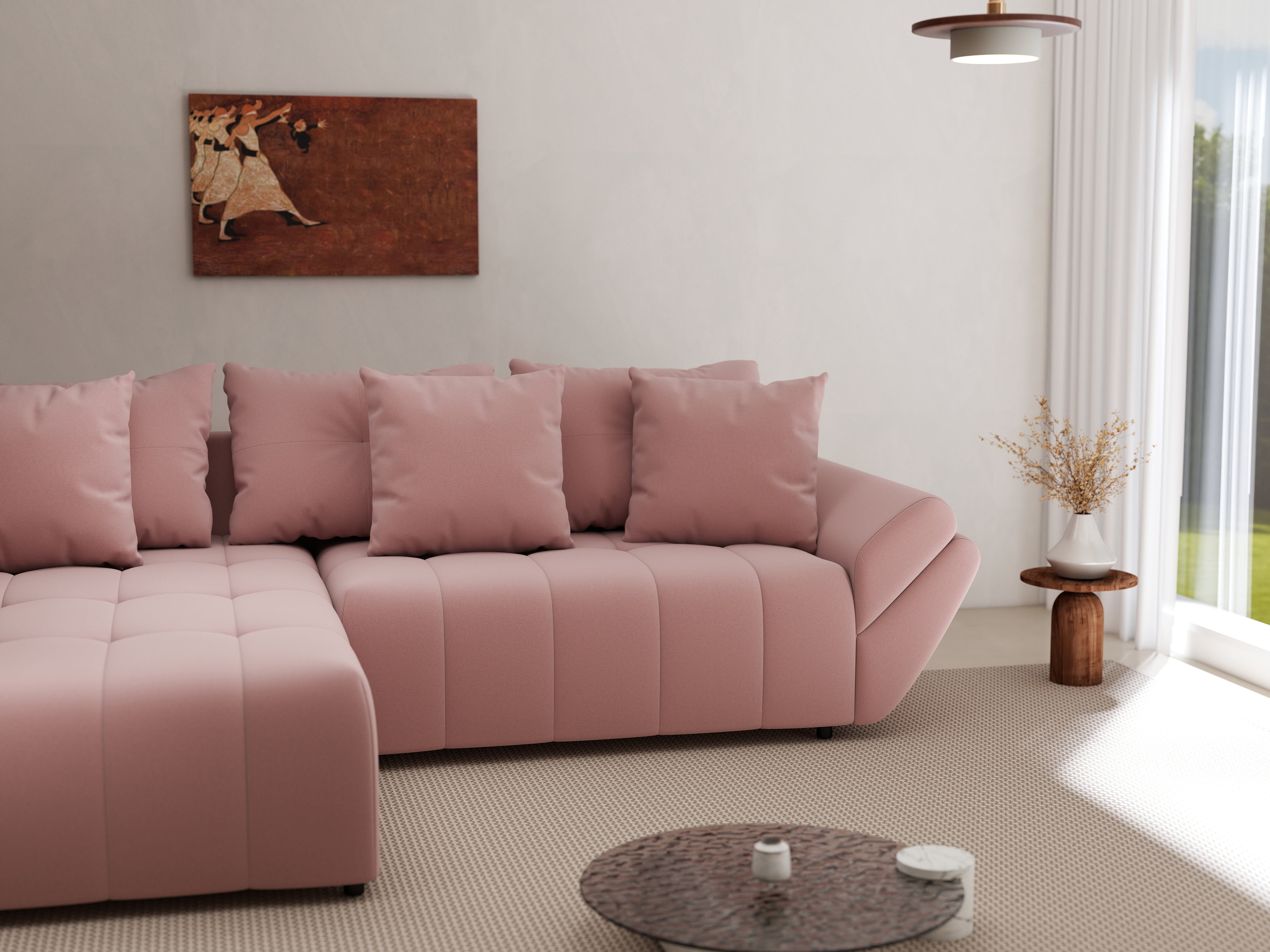 Colțar extensibil dumonde cu ladă de depozitare si sezut confortabil din spuma HR, Berlin Royal Roz 280x185 cm Fabrica