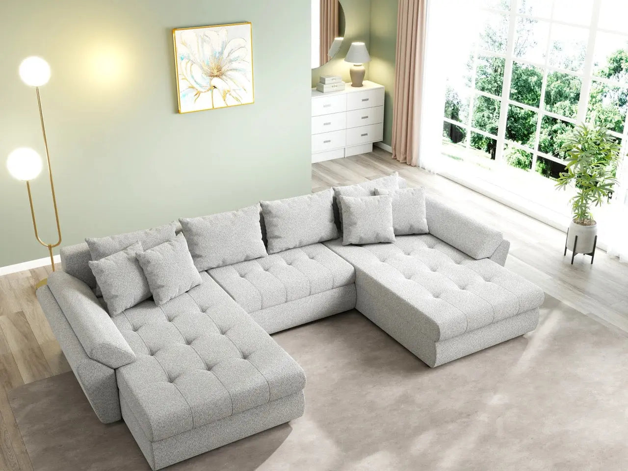 Colțar extensibil dumonde cu ladă de depozitare si sezut confortabil din spuma HR, Loana U Euphoria Dove 355x185 cm Fabrica