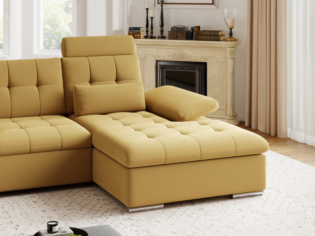 Colțar extensibil dumonde cu ladă de depozitare și șezut confortabil din spumă HR, Merkur Royal Mustar 270x168 cm II