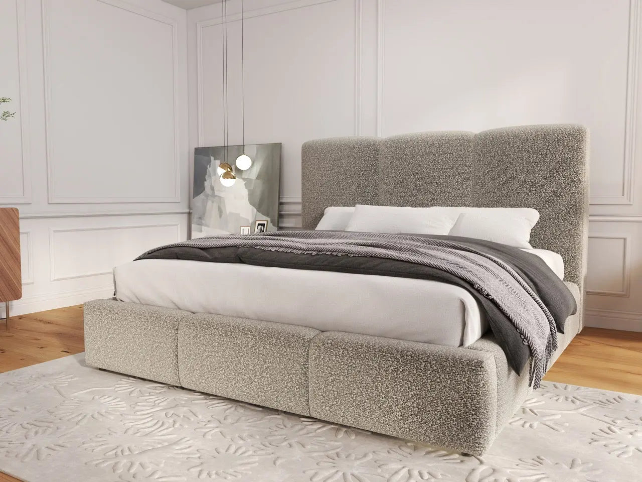 Pat dormitor dumonde, tapitat gri, Dinasty 160x200 cm, somiera rabatabila inclusa, spatiu depozitare WLS