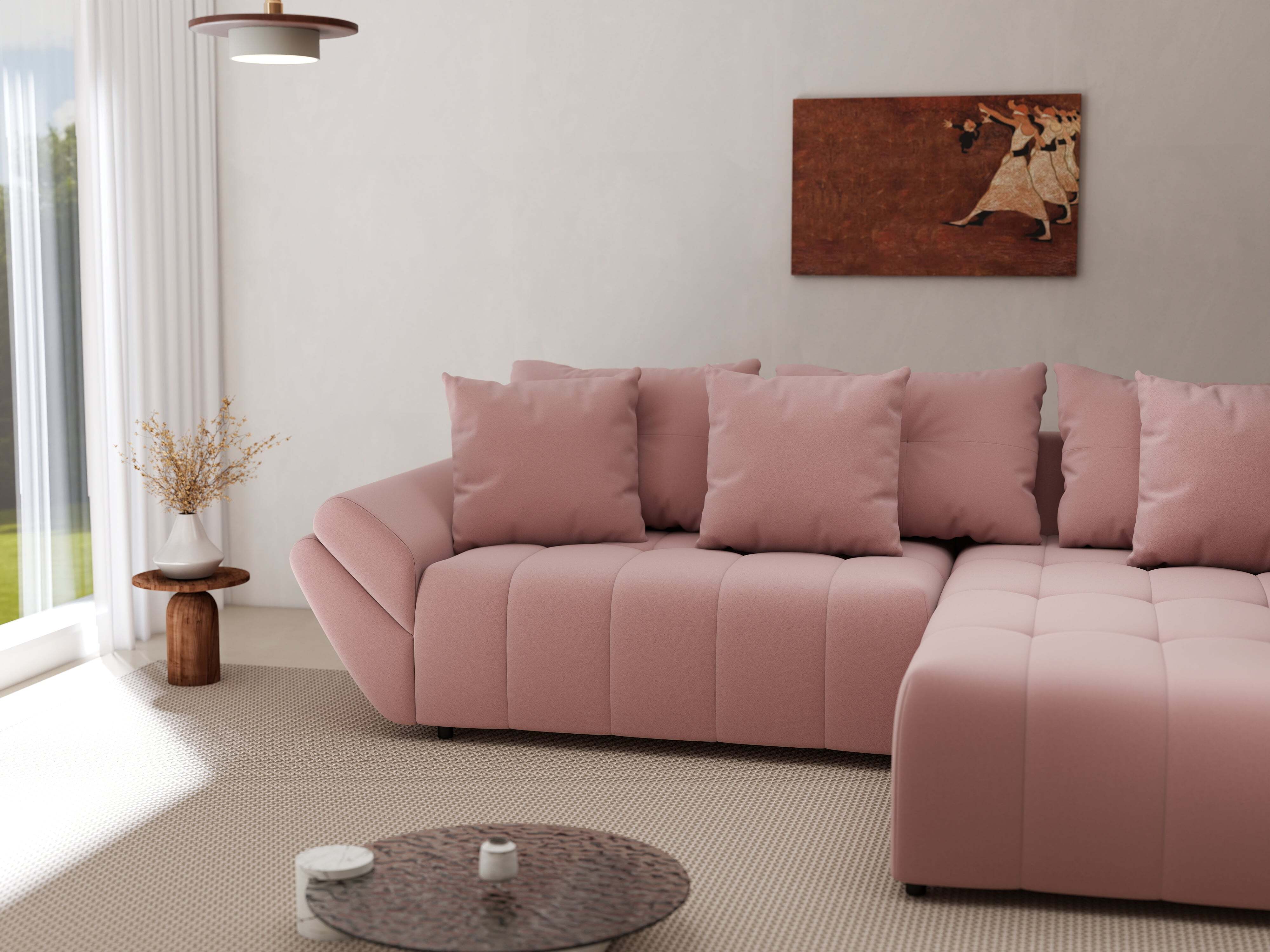 Colțar extensibil dumonde cu ladă de depozitare si sezut confortabil din spuma HR, Berlin Royal Roz 280x185 cm II Fabrica