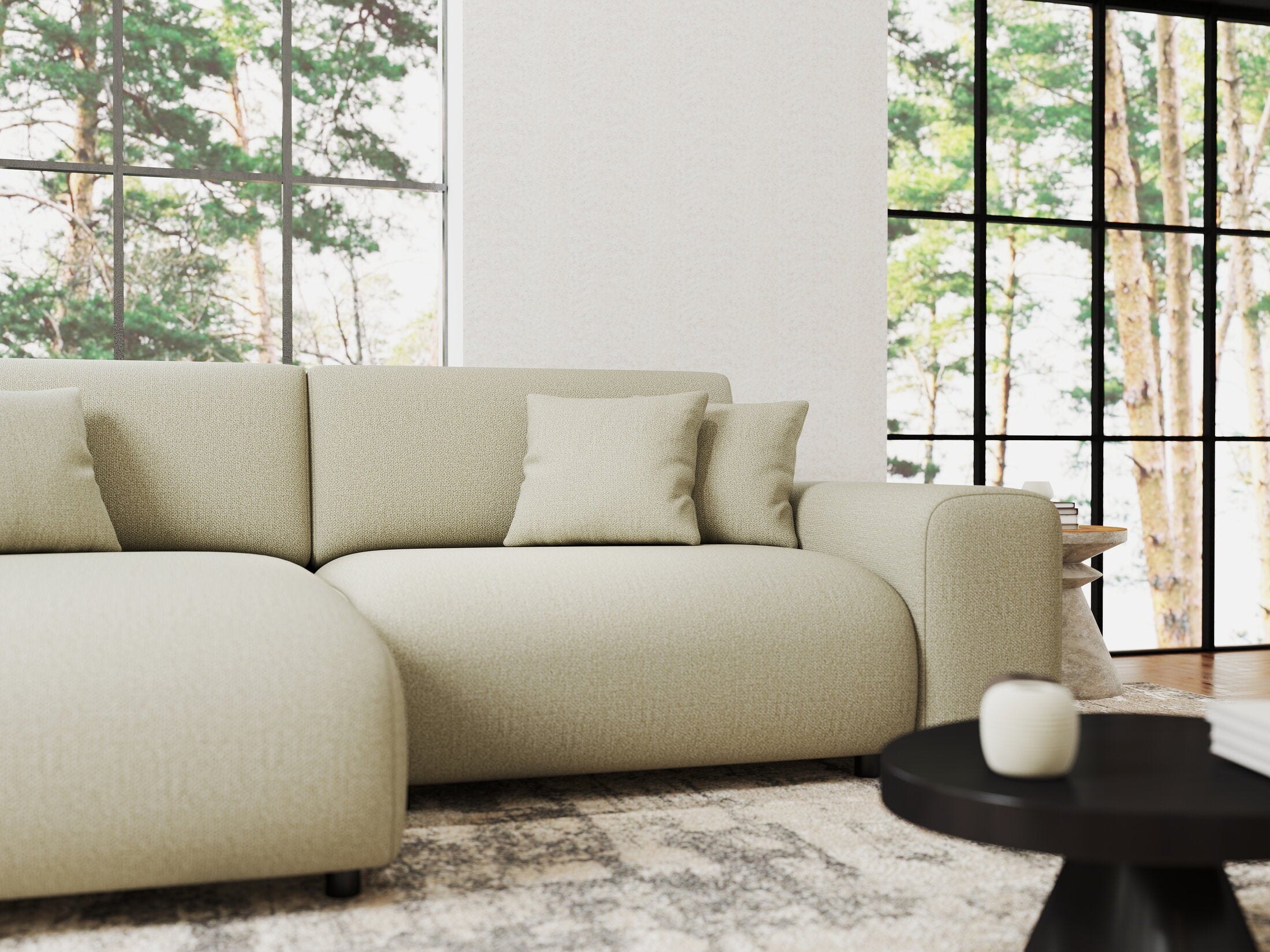 Colțar extensibil dumonde cu ladă de depozitare si sezut confortabil din spuma HR, Sarina Enjoy Bej 255x168 cm