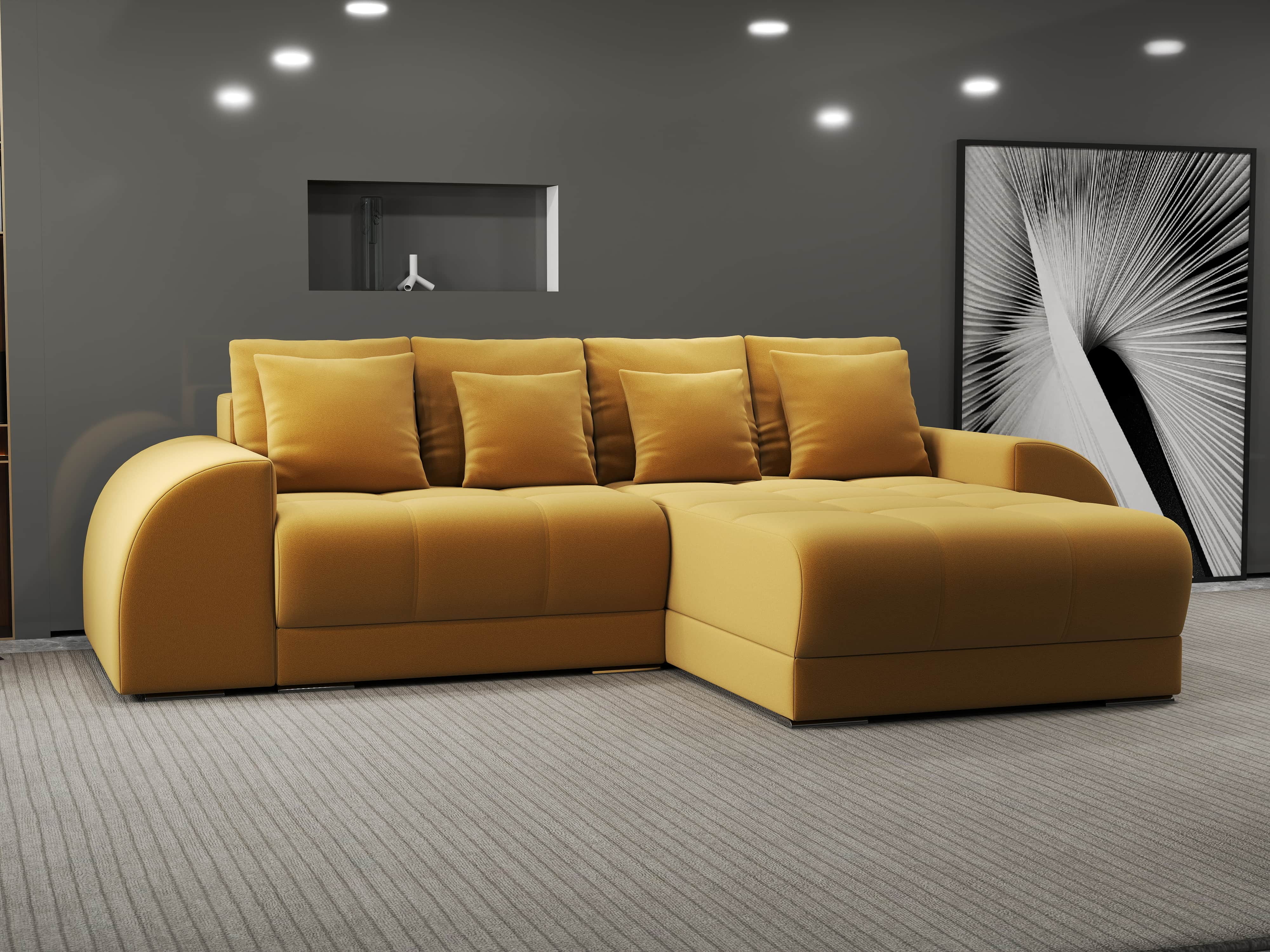 Colțar extensibil dumonde cu ladă de depozitare si sezut confortabil din spuma HR, Verona Royal Mustar II 290x185 cm Fabrica