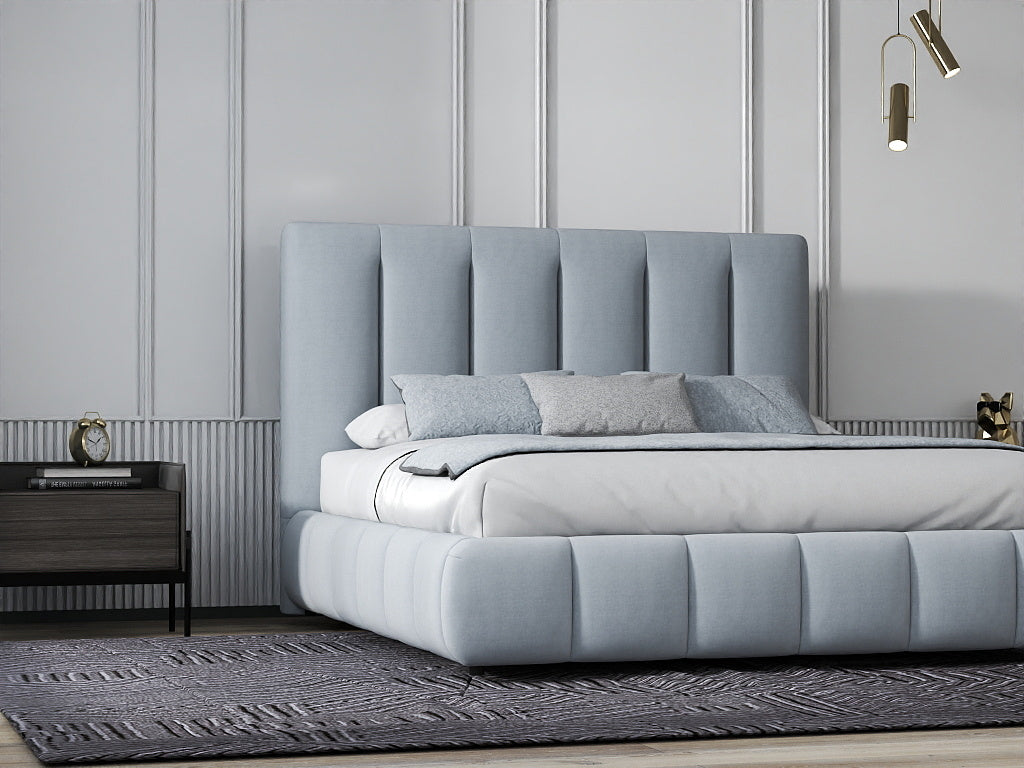 Pat dormitor dumonde, tapitat gri, Divaneo 160x200 cm, somiera rabatabila inclusa, spatiu depozitare WLS