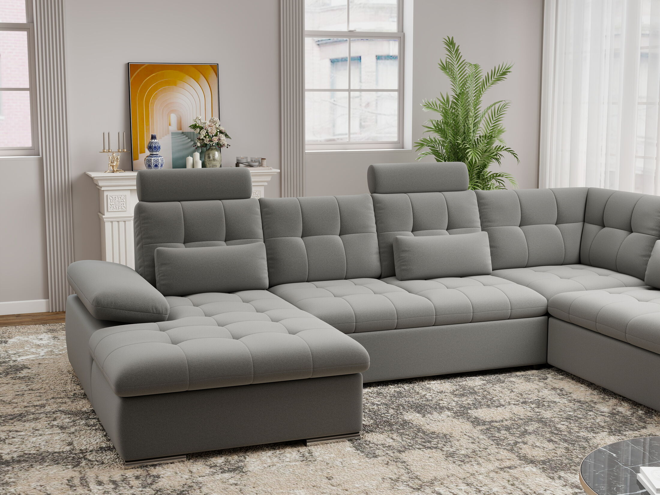 Colțar extensibil dumonde cu ladă de depozitare și șezut confortabil din spumă HR, Merkur U Royal Gri 324x218 cm