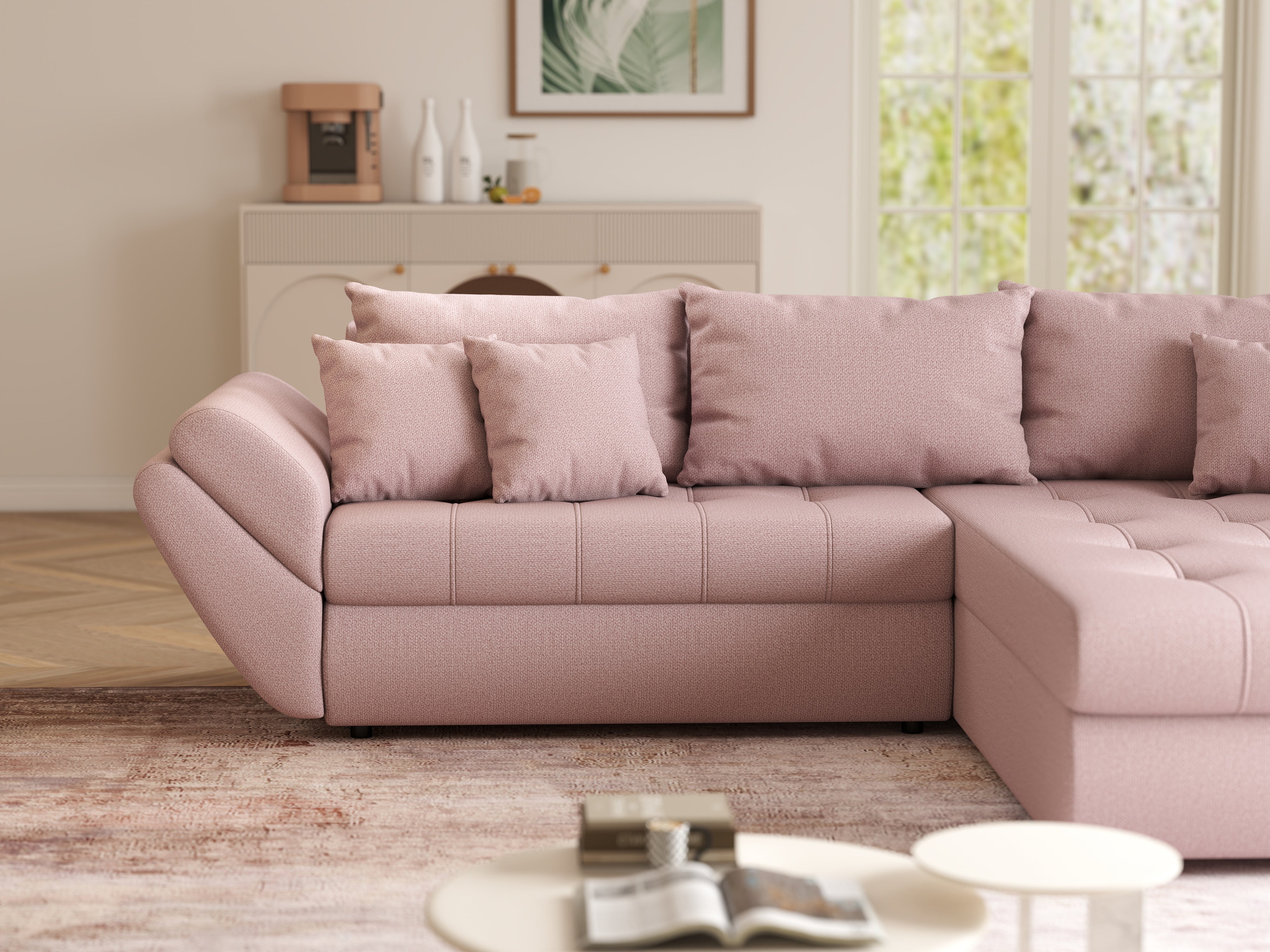 Colțar extensibil dumonde cu ladă de depozitare si sezut confortabil din spuma HR, Loana Enjoy Flamingo II 270x185 cm Fabrica