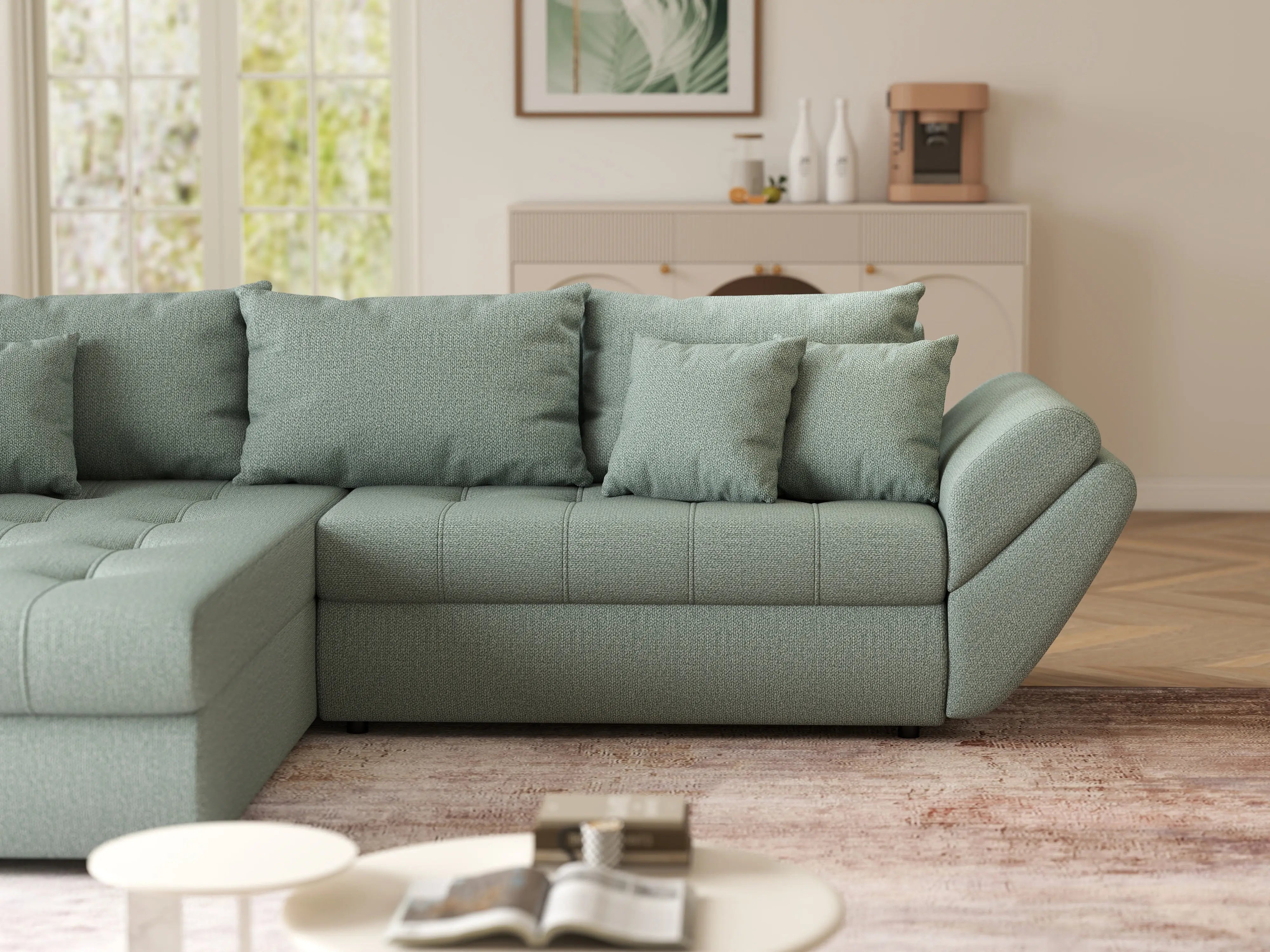 Colțar extensibil dumonde cu ladă de depozitare si sezut confortabil din spuma HR, Loana Mint 270x185 cm Fabrica