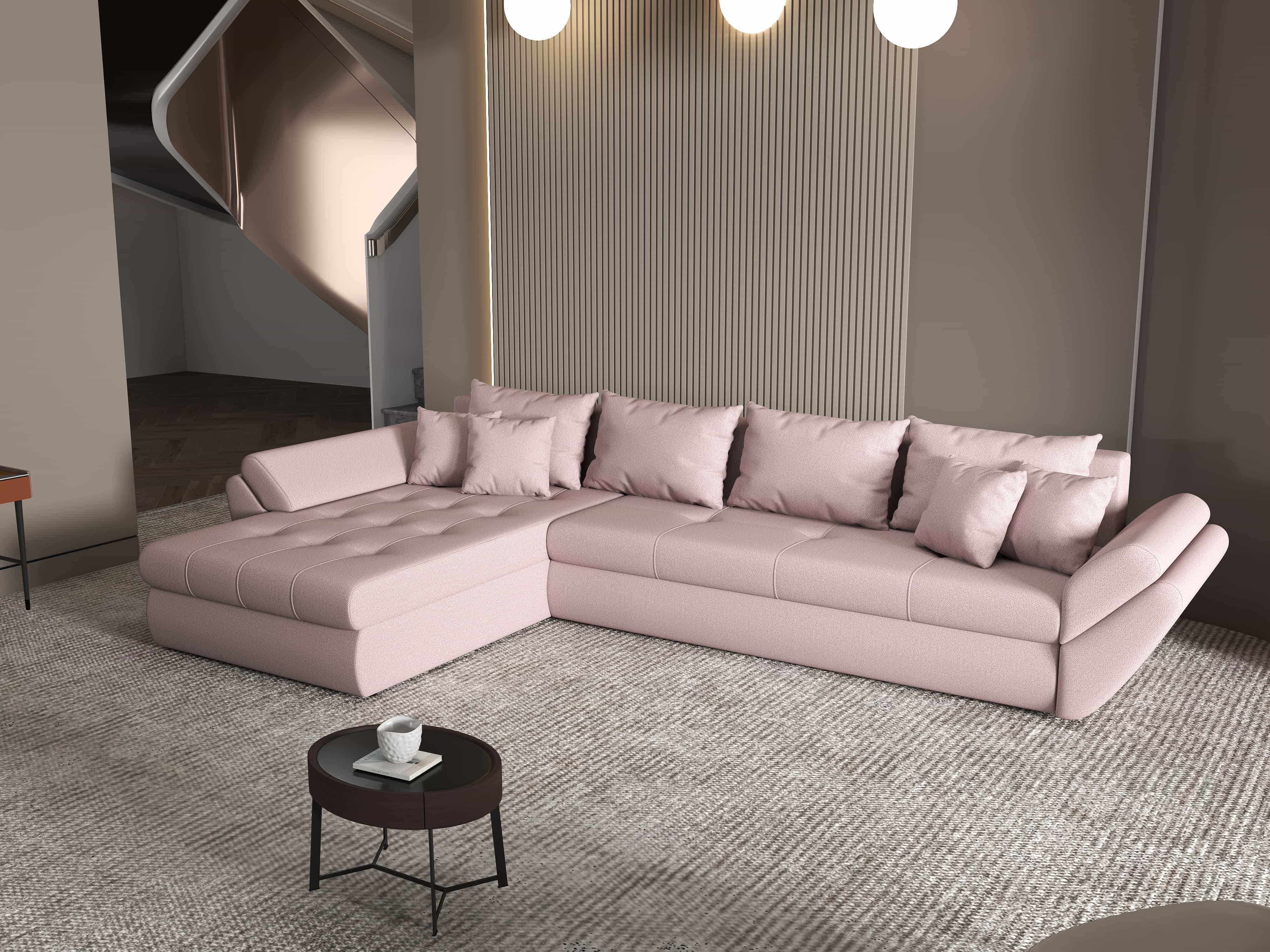 Colțar extensibil dumonde cu ladă de depozitare si sezut confortabil din spuma HR, Loana XL Enjoy Flamingo 335x185 cm Fabrica