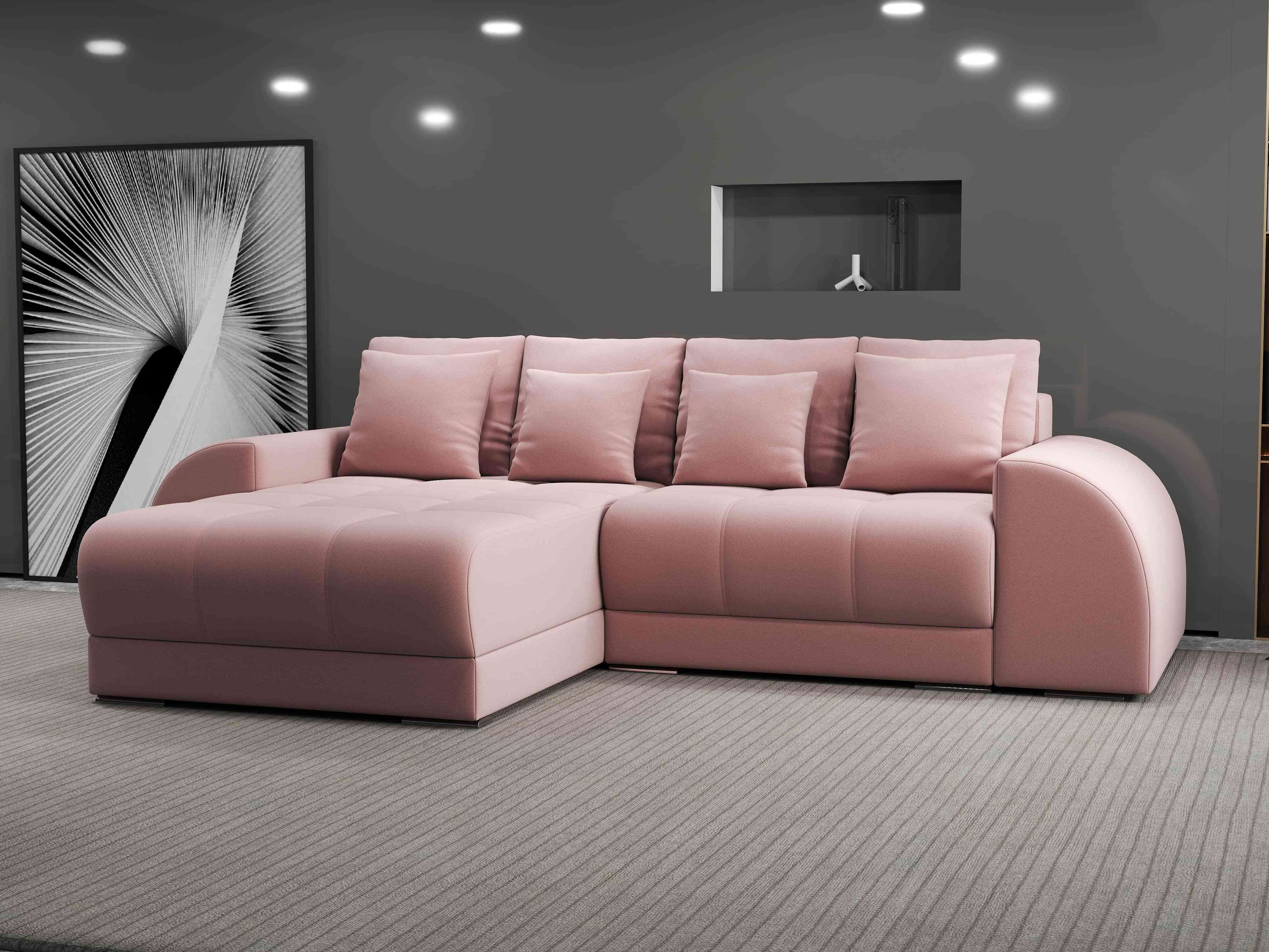 Colțar extensibil dumonde cu ladă de depozitare si sezut confortabil din spuma HR, Verona Royal Roz 290x185 cm Fabrica