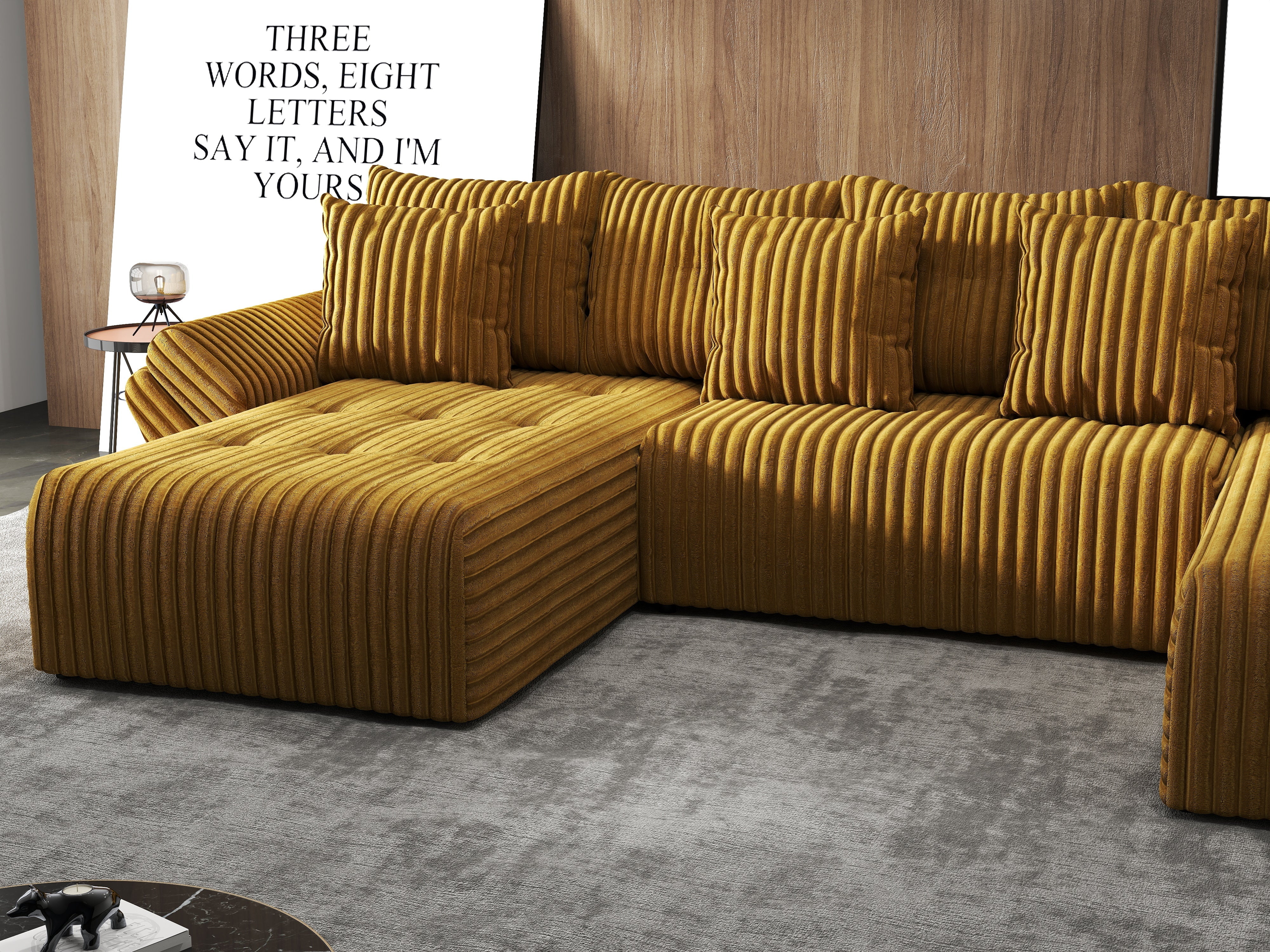 Colțar extensibil dumonde cu ladă de depozitare si sezut confortabil din spuma HR, Berlin U Ambiance Mustar 380x180 cm Fabrica