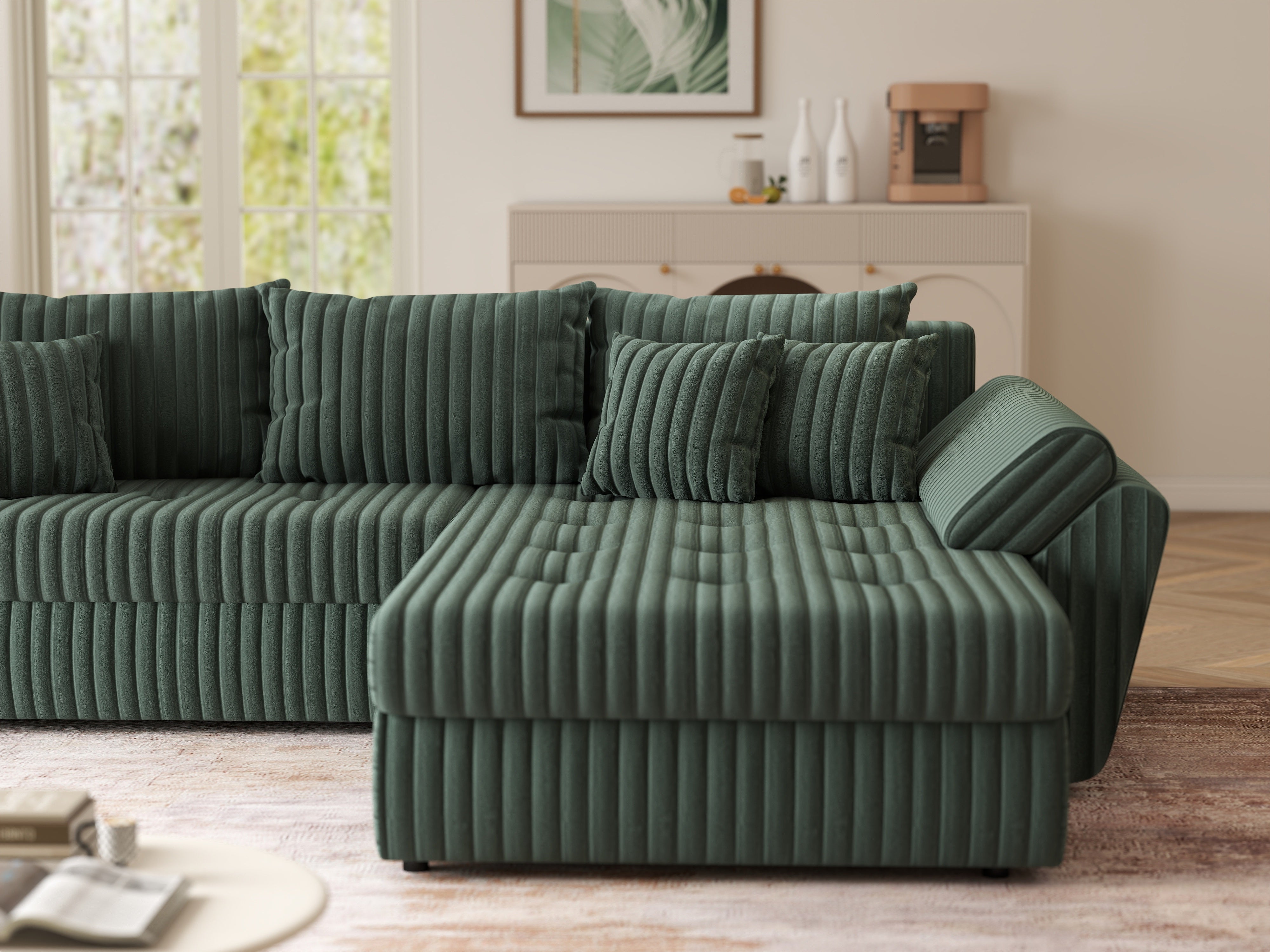 Colțar extensibil dumonde cu ladă de depozitare si sezut confortabil din spuma HR, Loana Ambience Green II 270x185 cm Fabrica