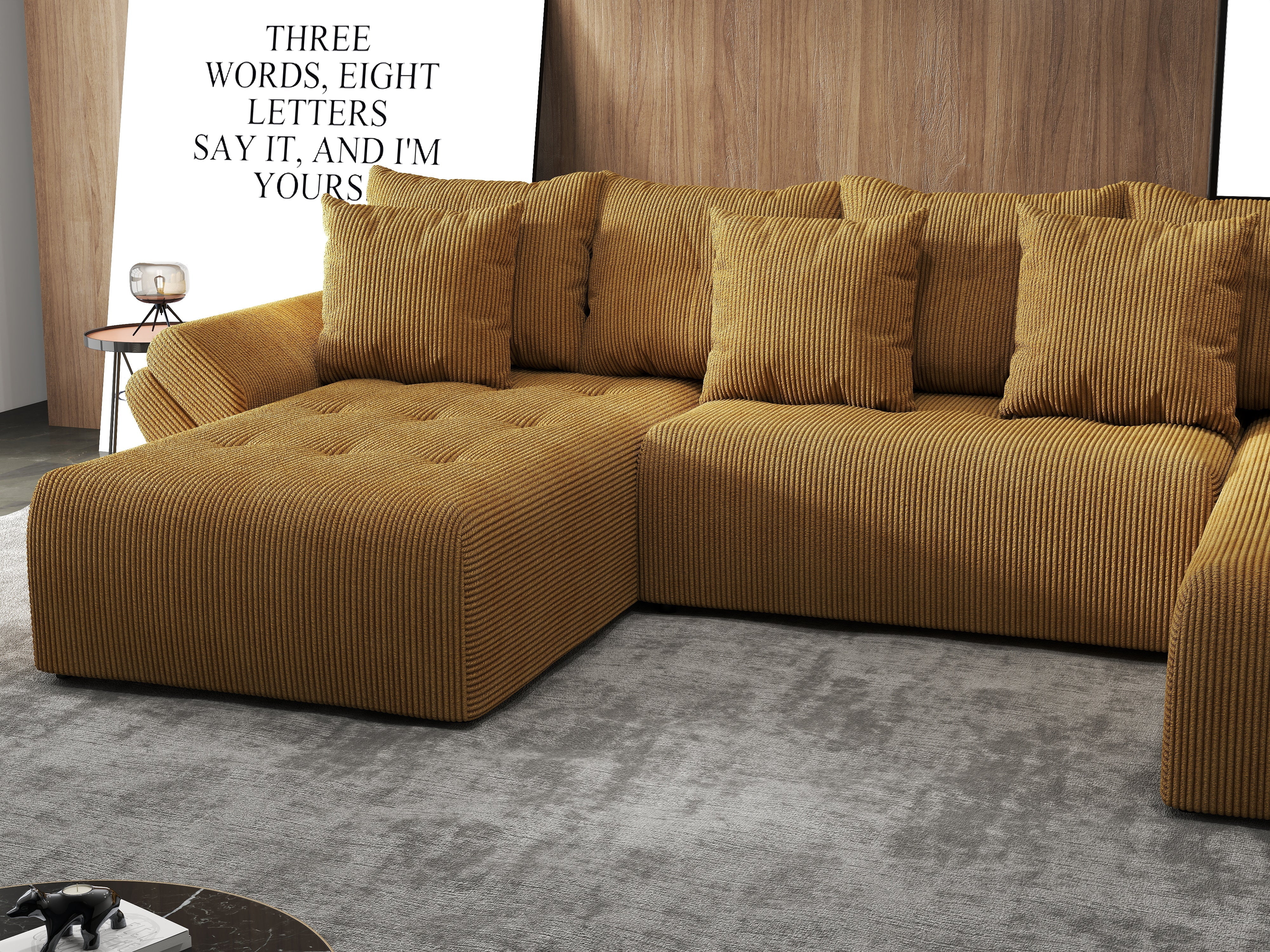 Colțar extensibil dumonde cu ladă de depozitare si sezut confortabil din spuma HR, Berlin U Zoom Mustar 380x180 cm Fabrica