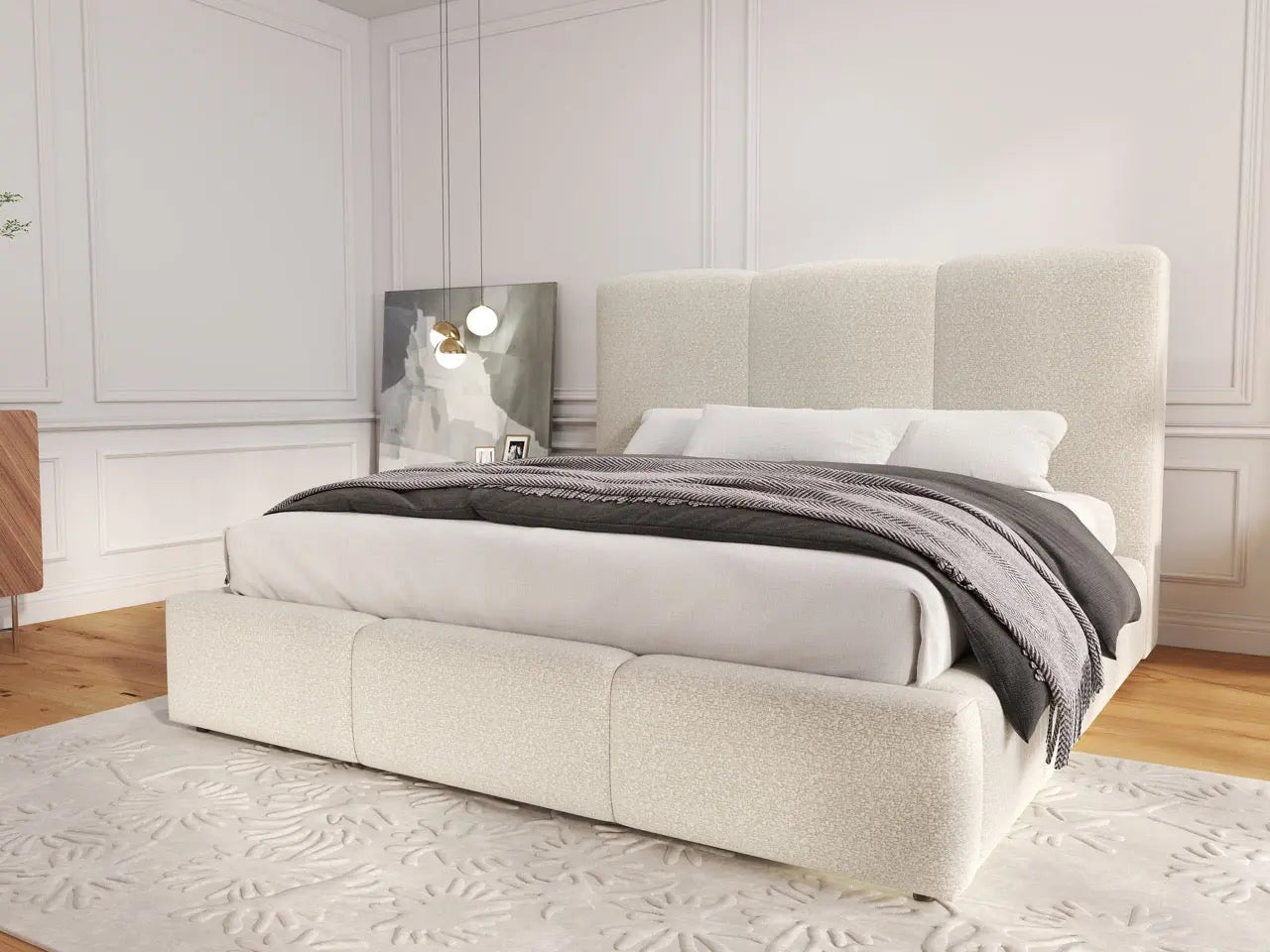 Pat dormitor dumonde, tapitat bej, Dinasty 140x200 cm, somiera rabatabila inclusa, spatiu depozitare WLS