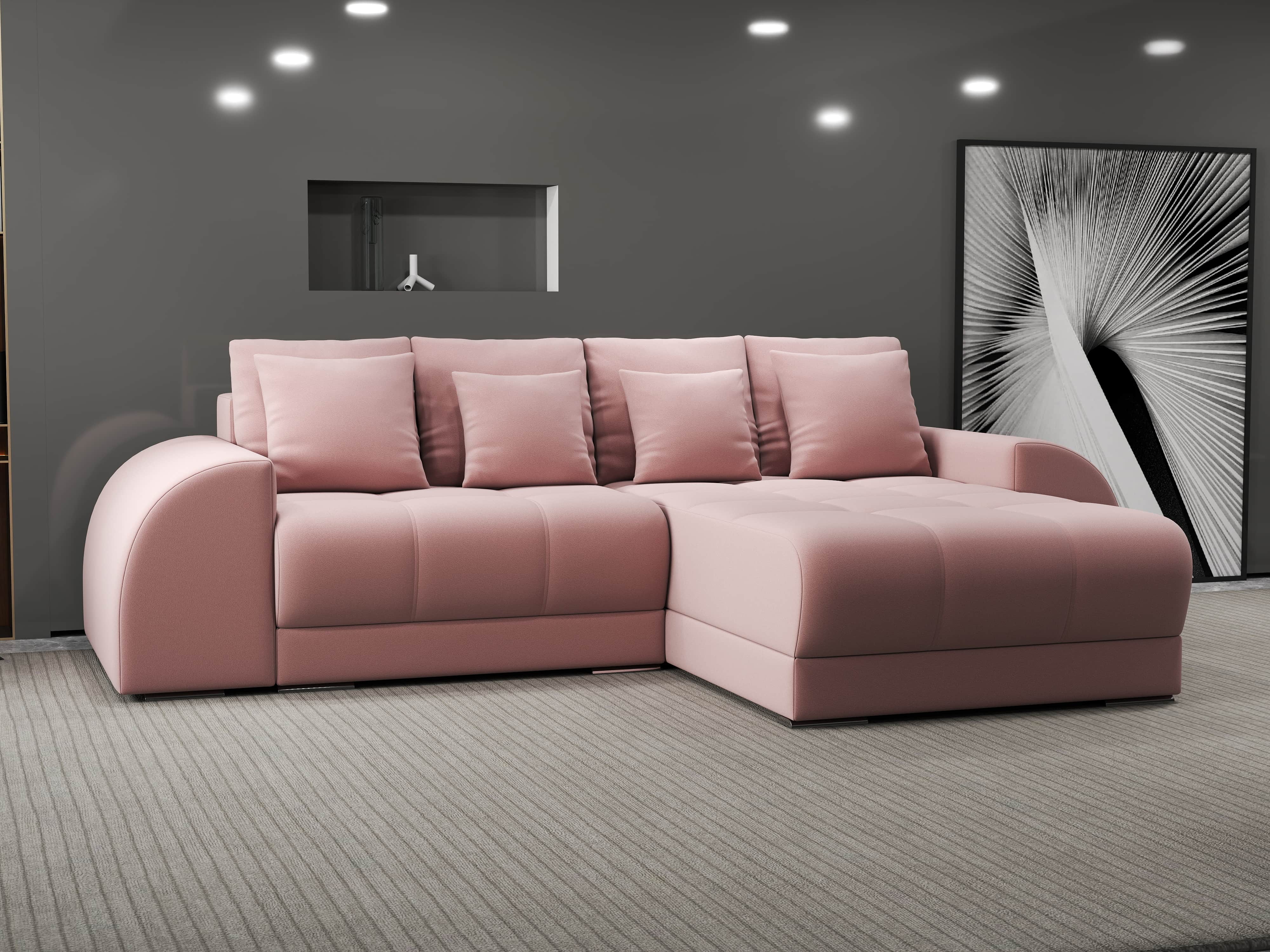 Colțar extensibil dumonde cu ladă de depozitare si sezut confortabil din spuma HR, Verona Royal Roz II 290x185 cm Fabrica