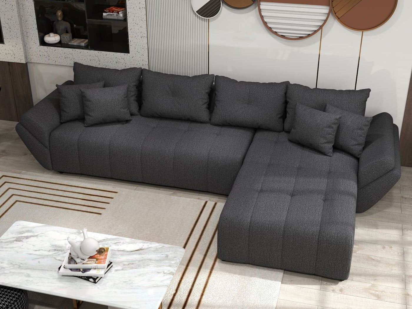 Colțar extensibil dumonde cu ladă de depozitare si sezut confortabil din spuma HR, Berlin XL Enjoy Graphite 350x185 cm Fabrica