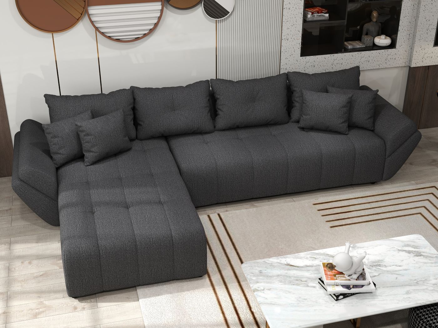 Colțar extensibil dumonde cu ladă de depozitare si sezut confortabil din spuma HR, Berlin XL Enjoy Graphite 350x185 cm Fabrica