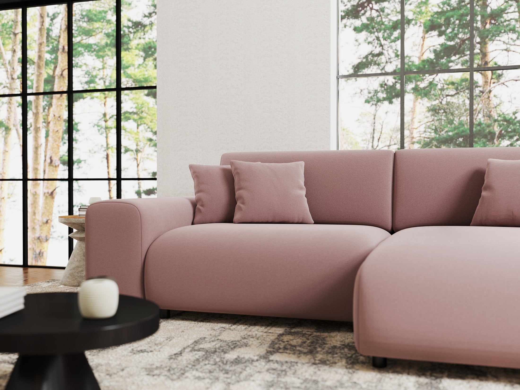 Colțar extensibil dumonde cu ladă de depozitare si sezut confortabil din spuma HR, Sarina Royal Roz 255x168 cm II