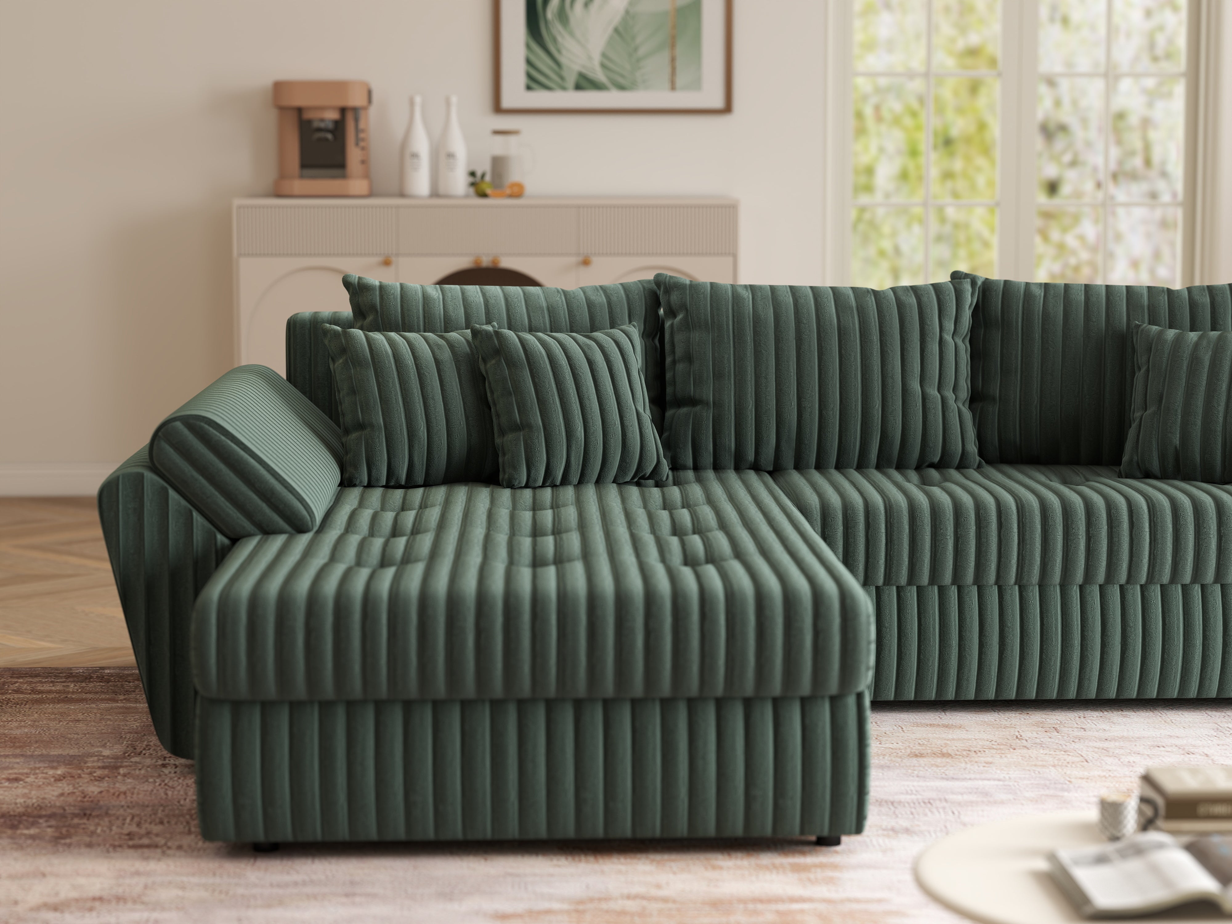 Colțar extensibil dumonde cu ladă de depozitare si sezut confortabil din spuma HR, Loana Ambience Green 270x185 cm Fabrica