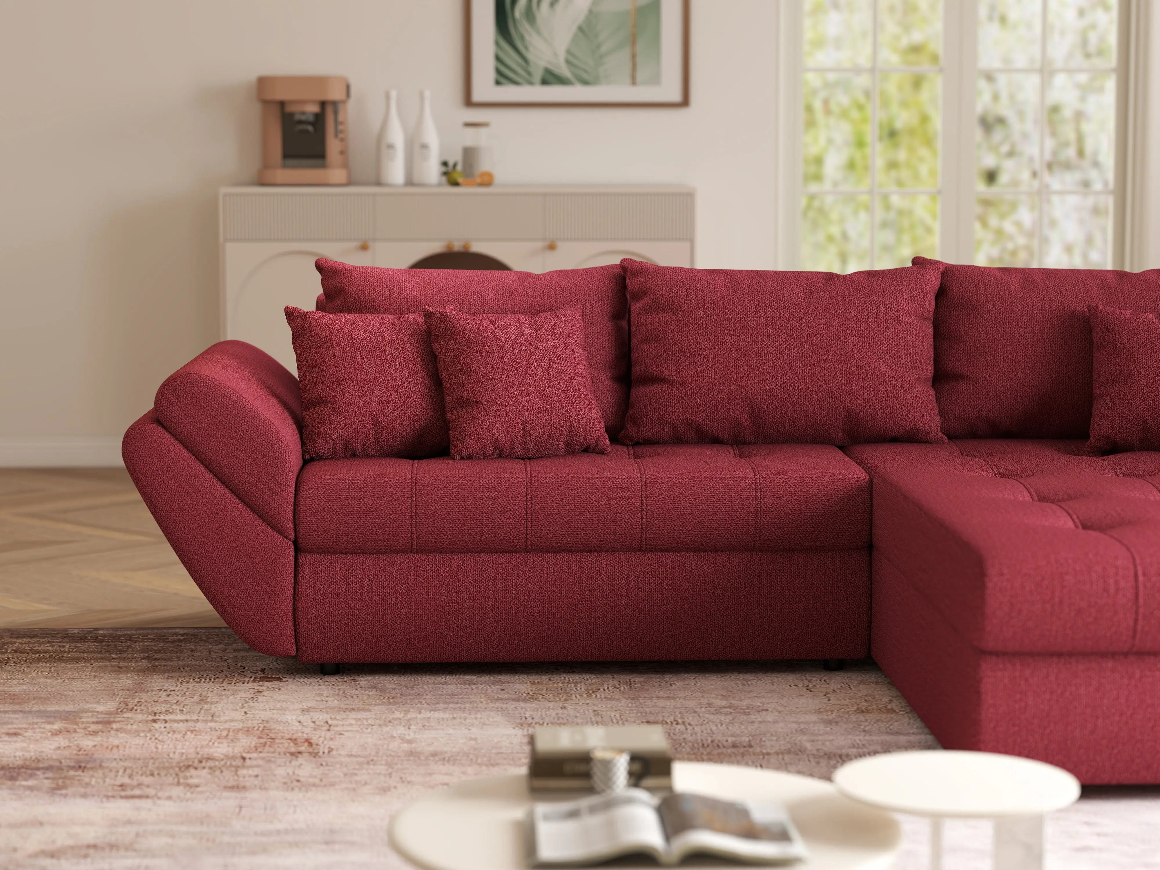 Colțar extensibil dumonde cu ladă de depozitare si sezut confortabil din spuma HR, Loana Bordoux II 270x185 cm Fabrica