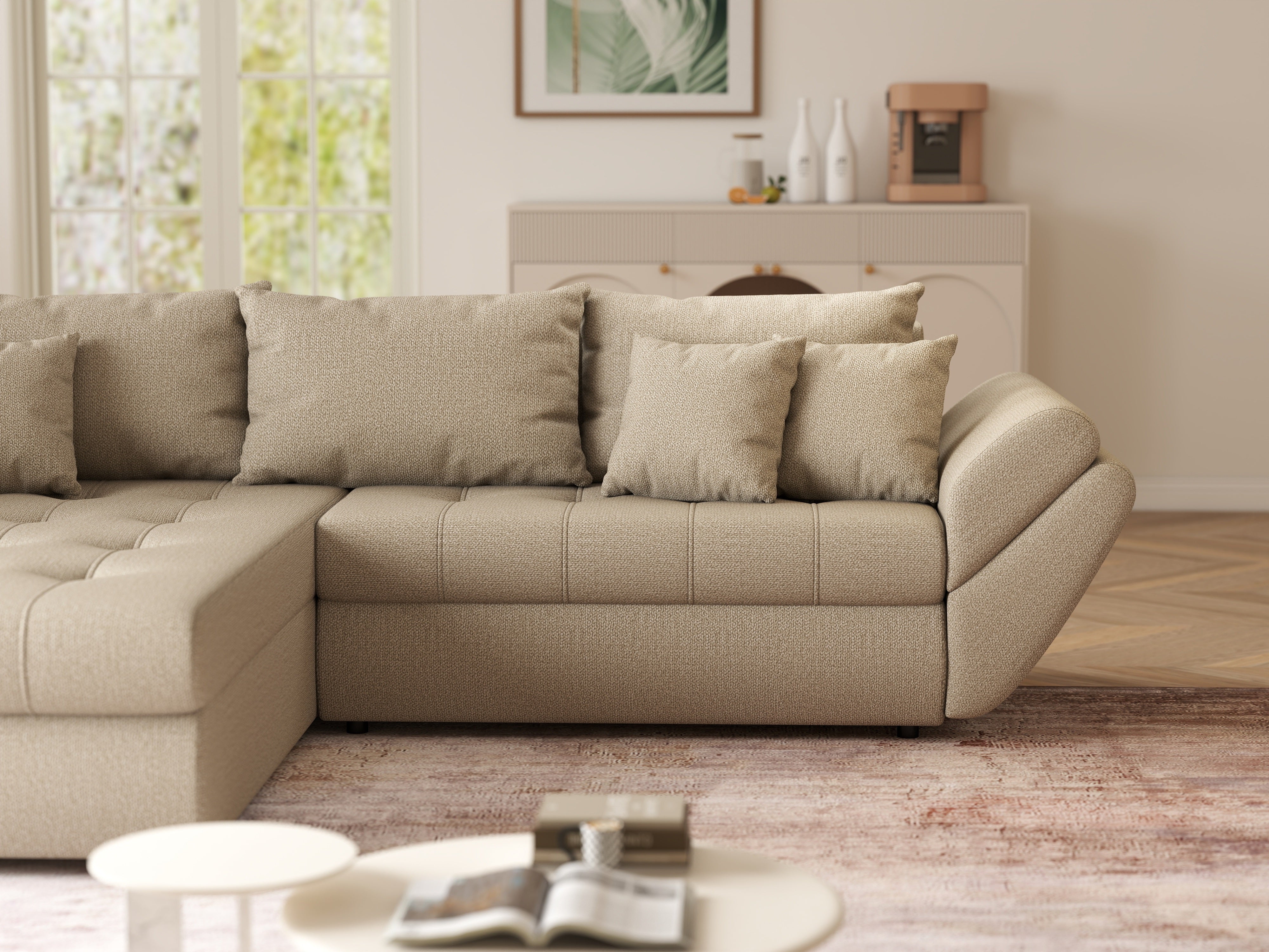 Colțar extensibil dumonde cu ladă de depozitare si sezut confortabil din spuma HR, Loana Enjoy Camel 270x185 cm Fabrica