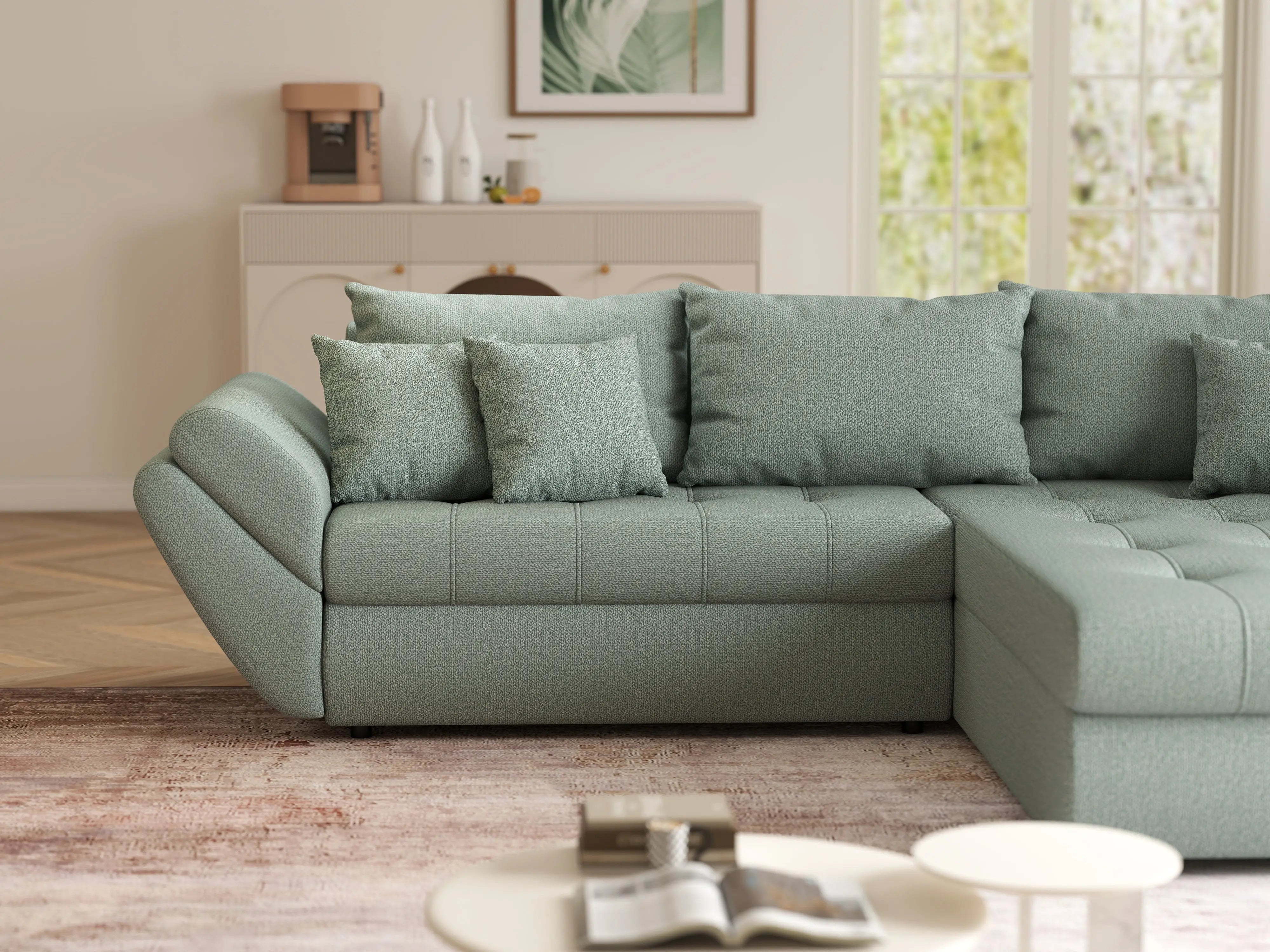 Colțar extensibil dumonde cu ladă de depozitare si sezut confortabil din spuma HR, Loana Mint II 270x185 cm Fabrica