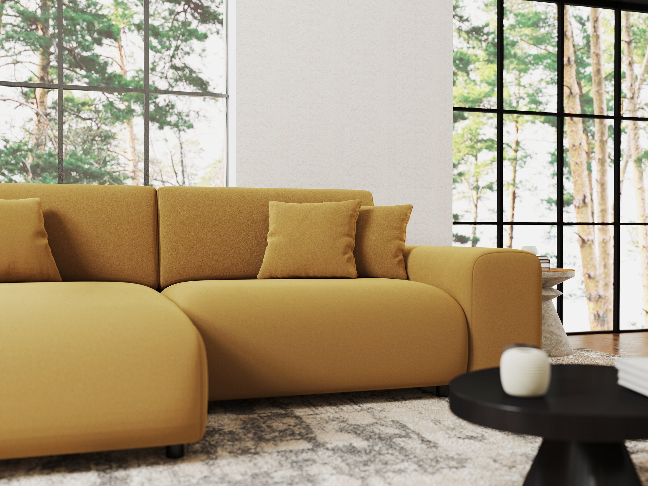 Colțar extensibil dumonde cu ladă de depozitare si sezut confortabil din spuma HR, Sarina Royal Mustar 255x168 cm