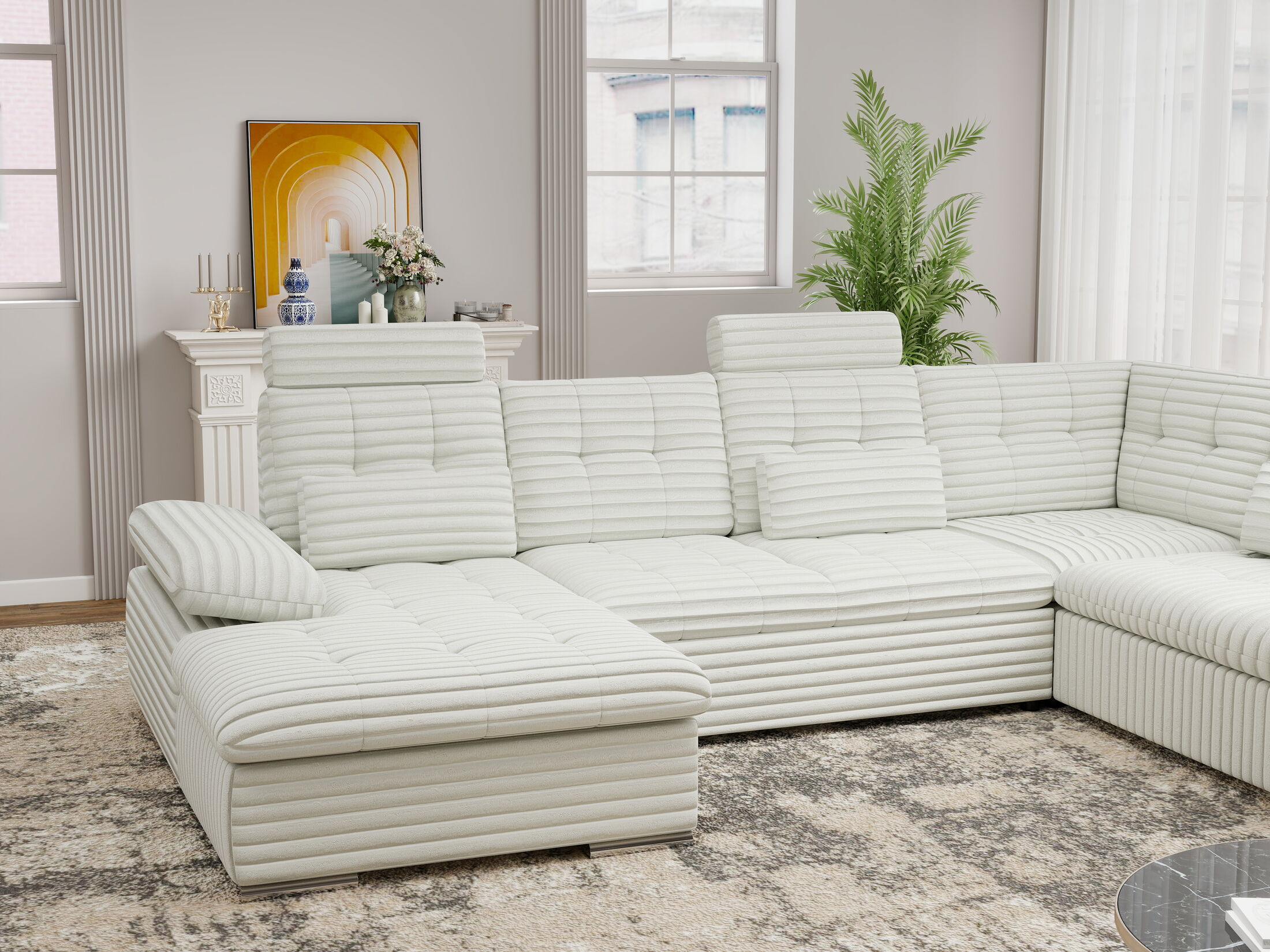 Colțar extensibil dumonde cu ladă de depozitare și șezut confortabil din spumă HR, Merkur U Ambience Alb 324x218 cm