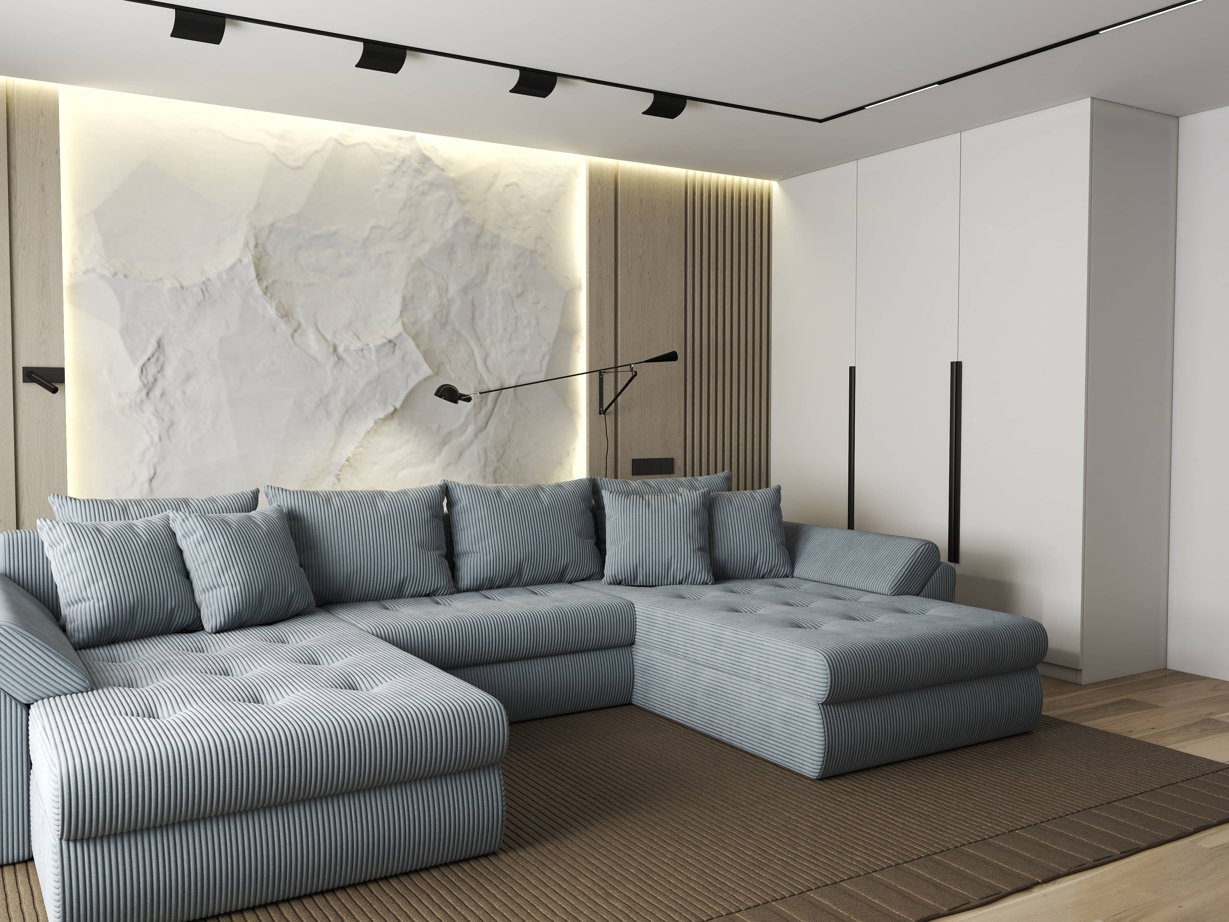 Colțar extensibil dumonde cu ladă de depozitare si sezut confortabil din spuma HR, Loana U Zoom Grey 355x185 cm Fabrica