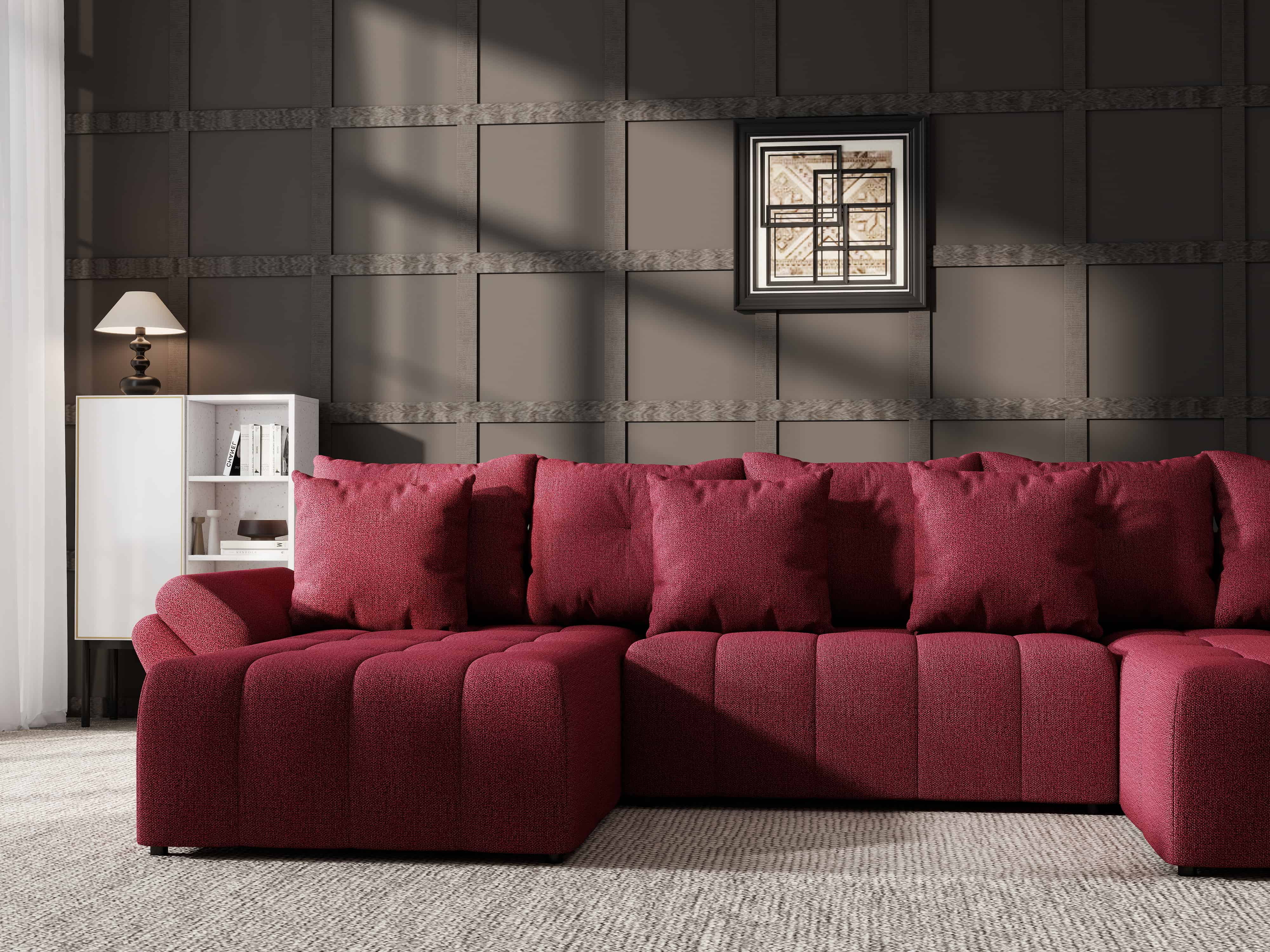 Colțar extensibil dumonde cu ladă de depozitare si sezut confortabil din spuma HR, Berlin U Enjoy Rosu 380x180 cm Fabrica