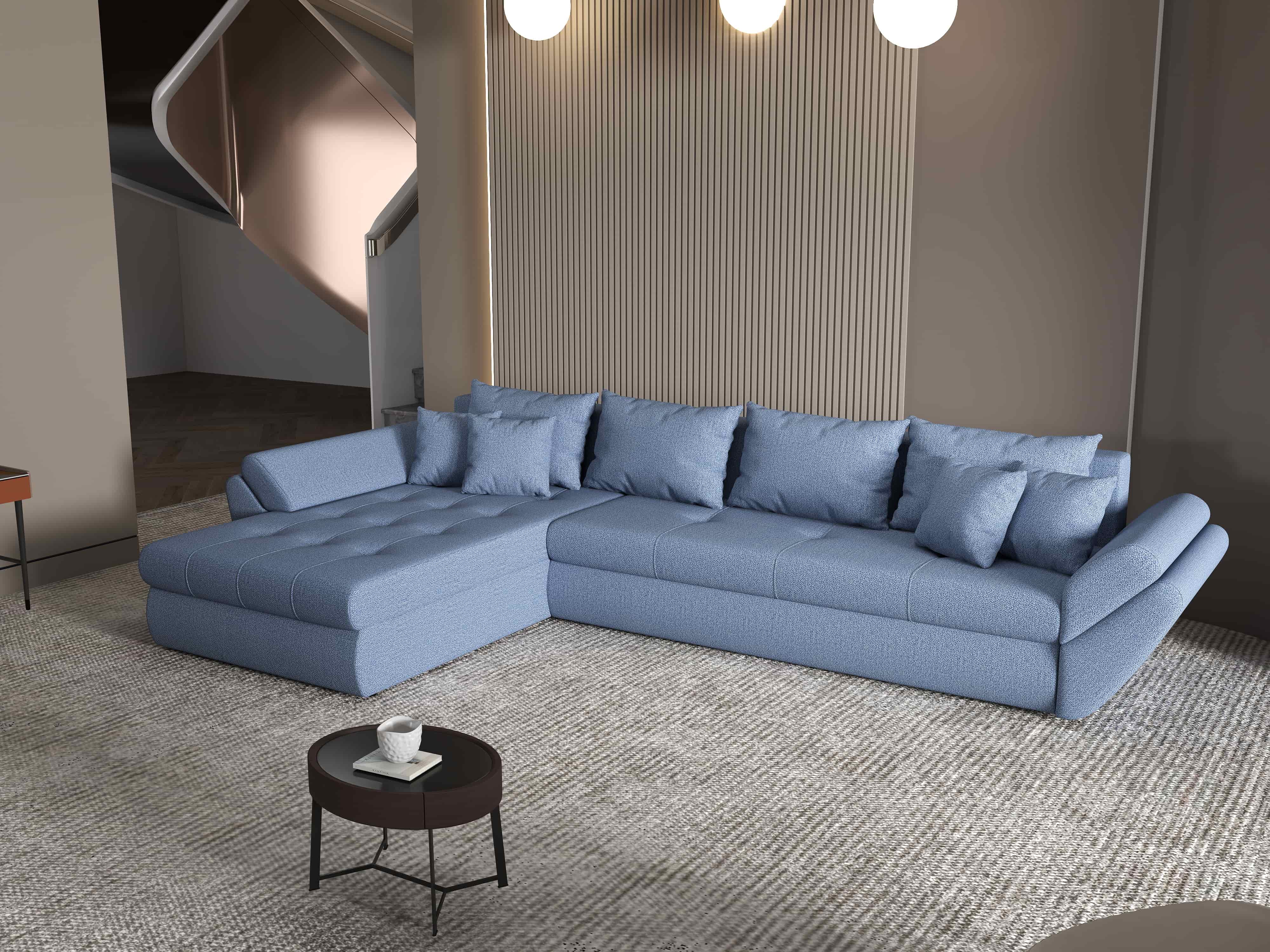 Colțar extensibil dumonde cu ladă de depozitare si sezut confortabil din spuma HR, Loana XL Enjoy Albastru 335x185 cm Fabrica