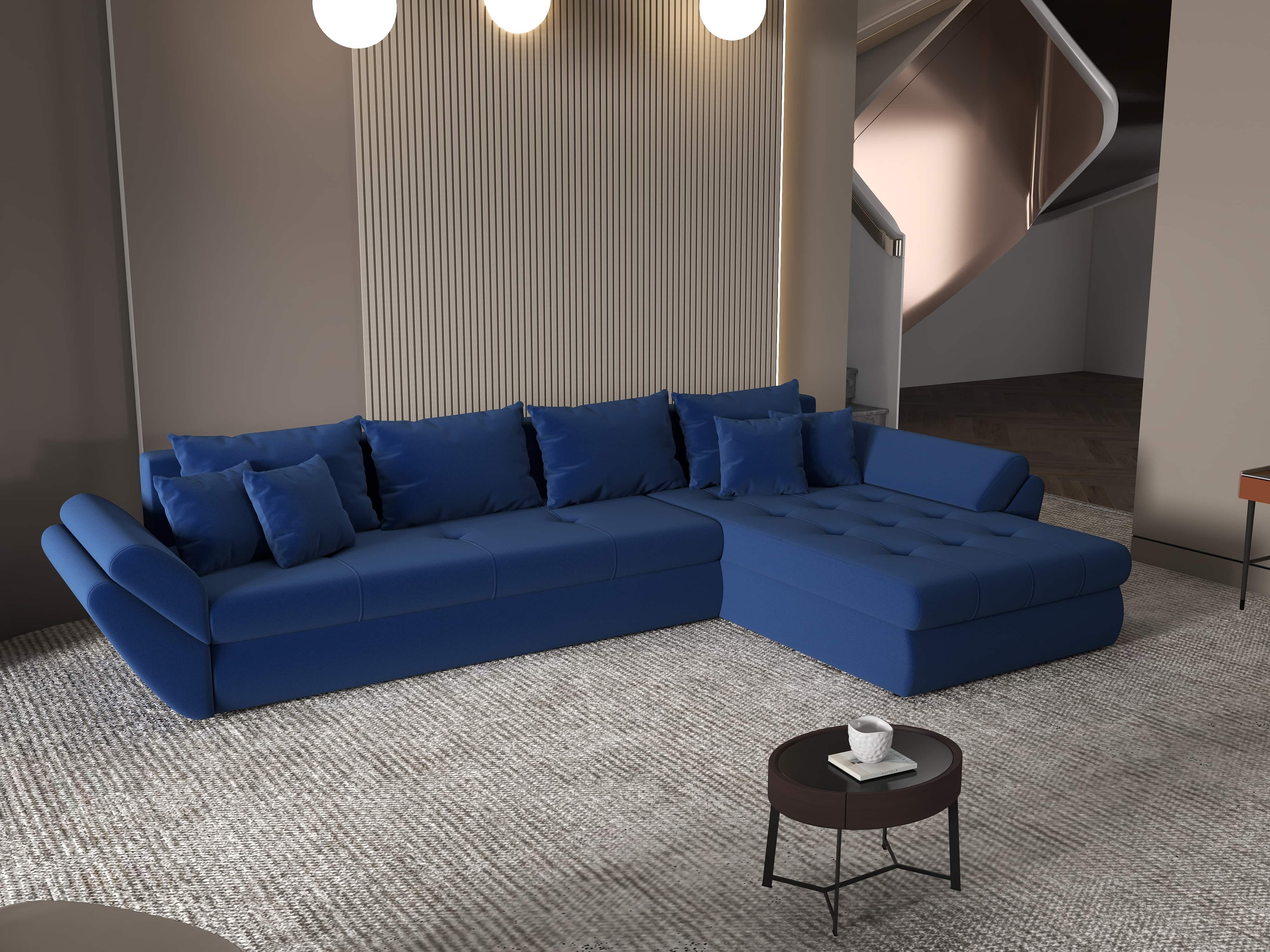 Colțar extensibil dumonde cu ladă de depozitare si sezut confortabil din spuma HR, Loana XL Royal Albastru II 335x185 cm Fabrica