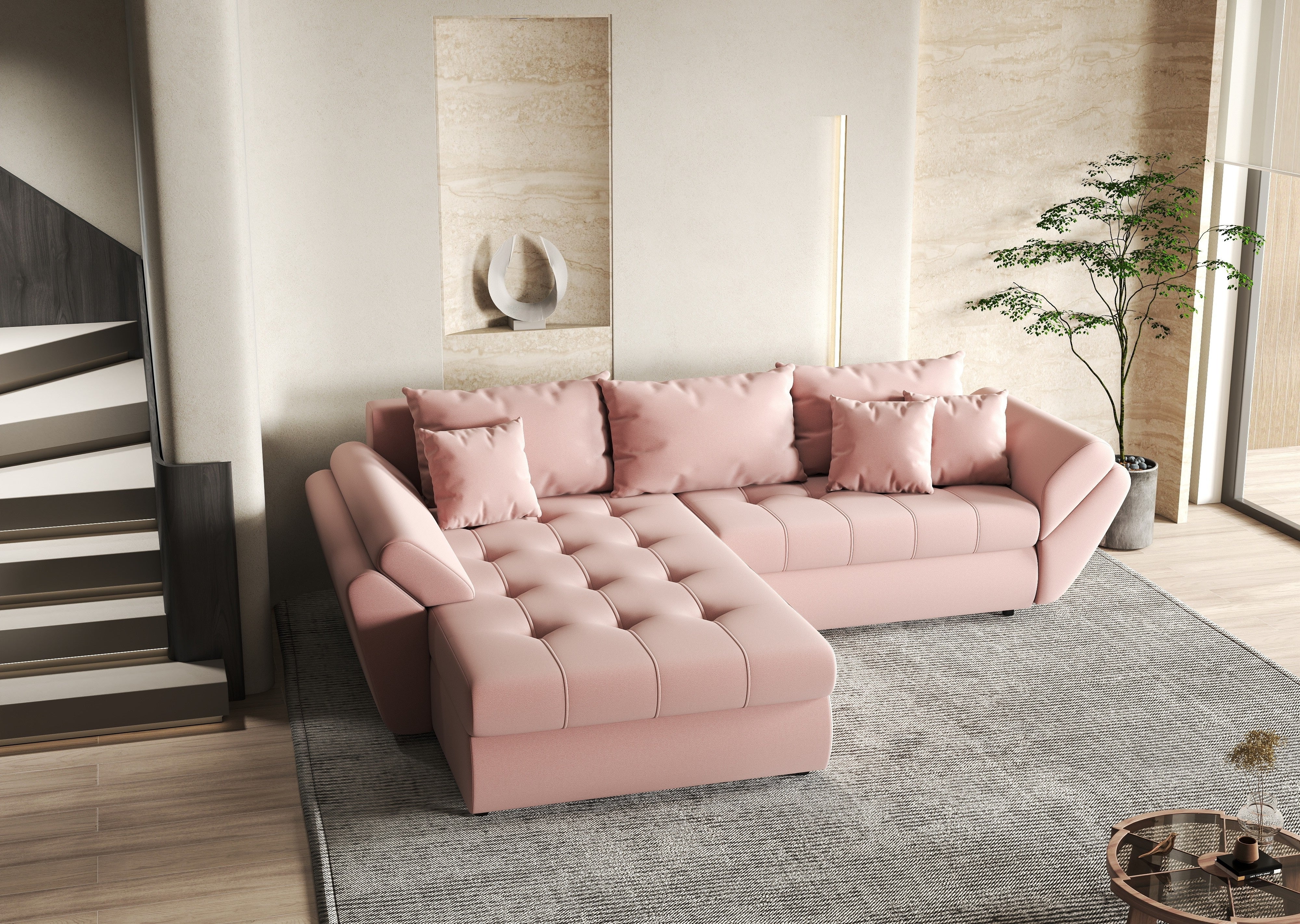 Colțar extensibil dumonde cu ladă de depozitare si sezut confortabil din spuma HR, Loana Royal Pink 270x185 cm Fabrica