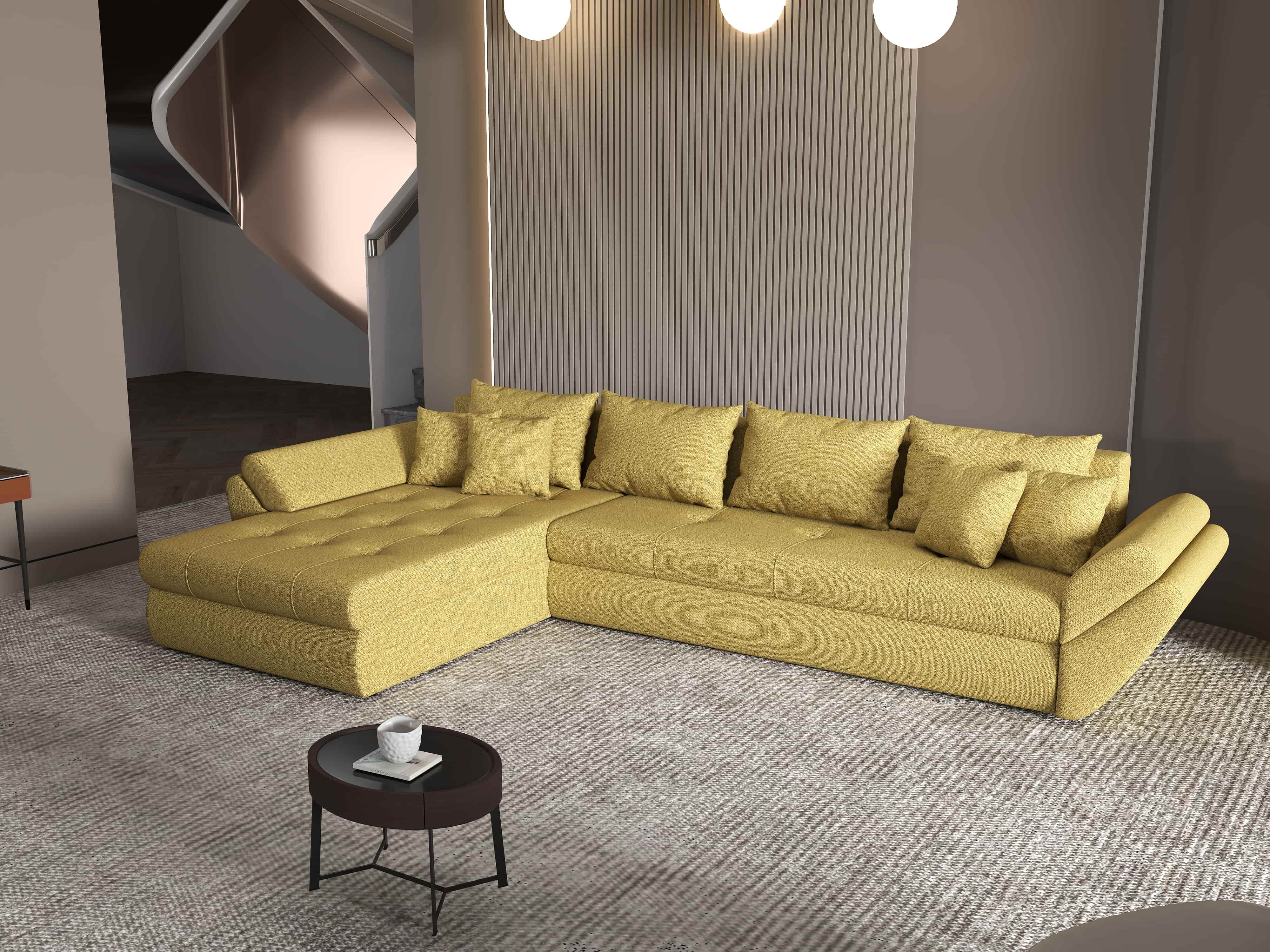 Colțar extensibil dumonde cu ladă de depozitare si sezut confortabil din spuma HR, Loana XL Enjoy Melon 335x185 cm Fabrica