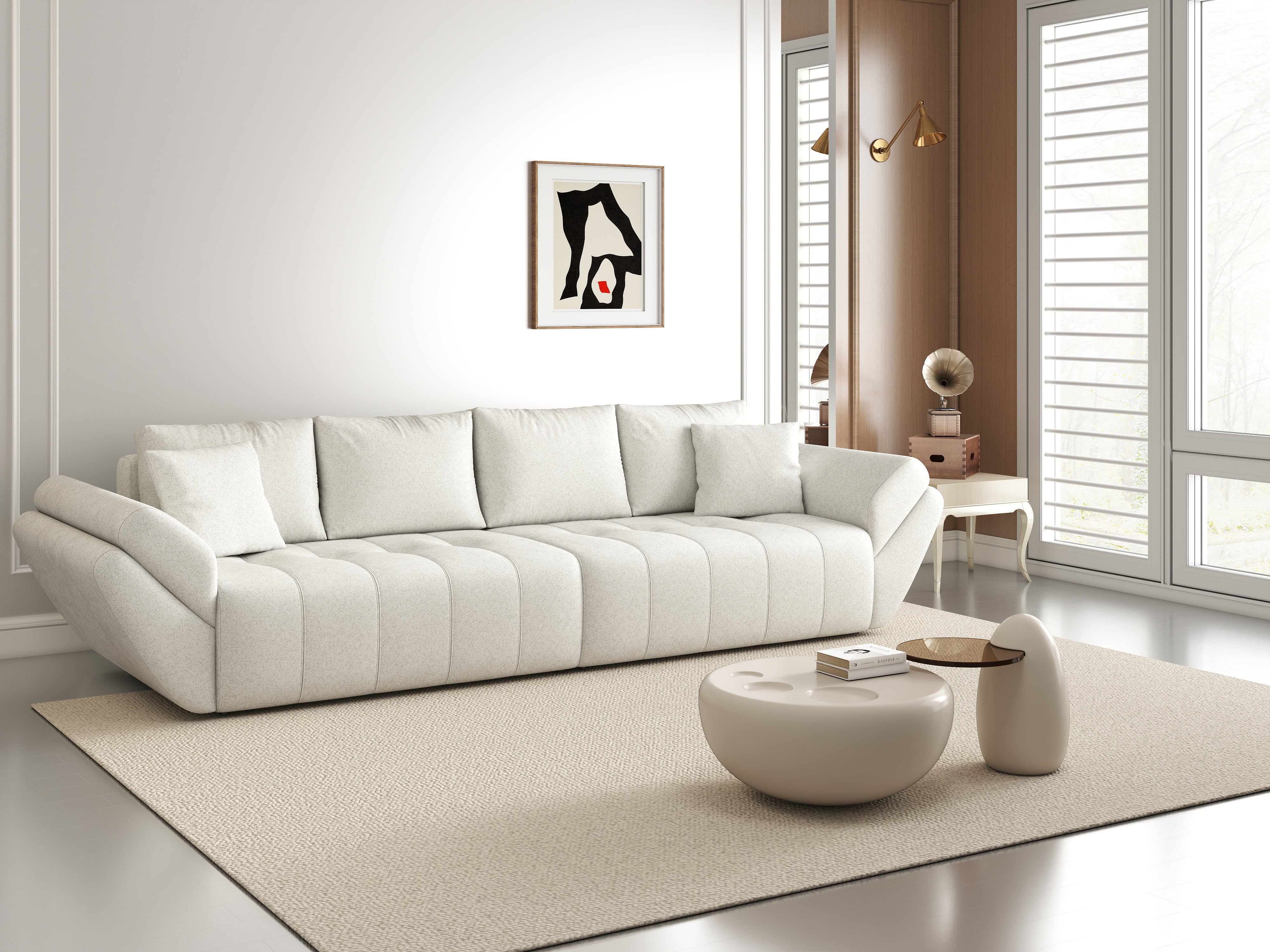 Canapea extensibilă dumonde cu ladă de depozitare si sezut confortabil din spuma HR, Berlin Euphoria Ivory 300x100 cm Fabrica