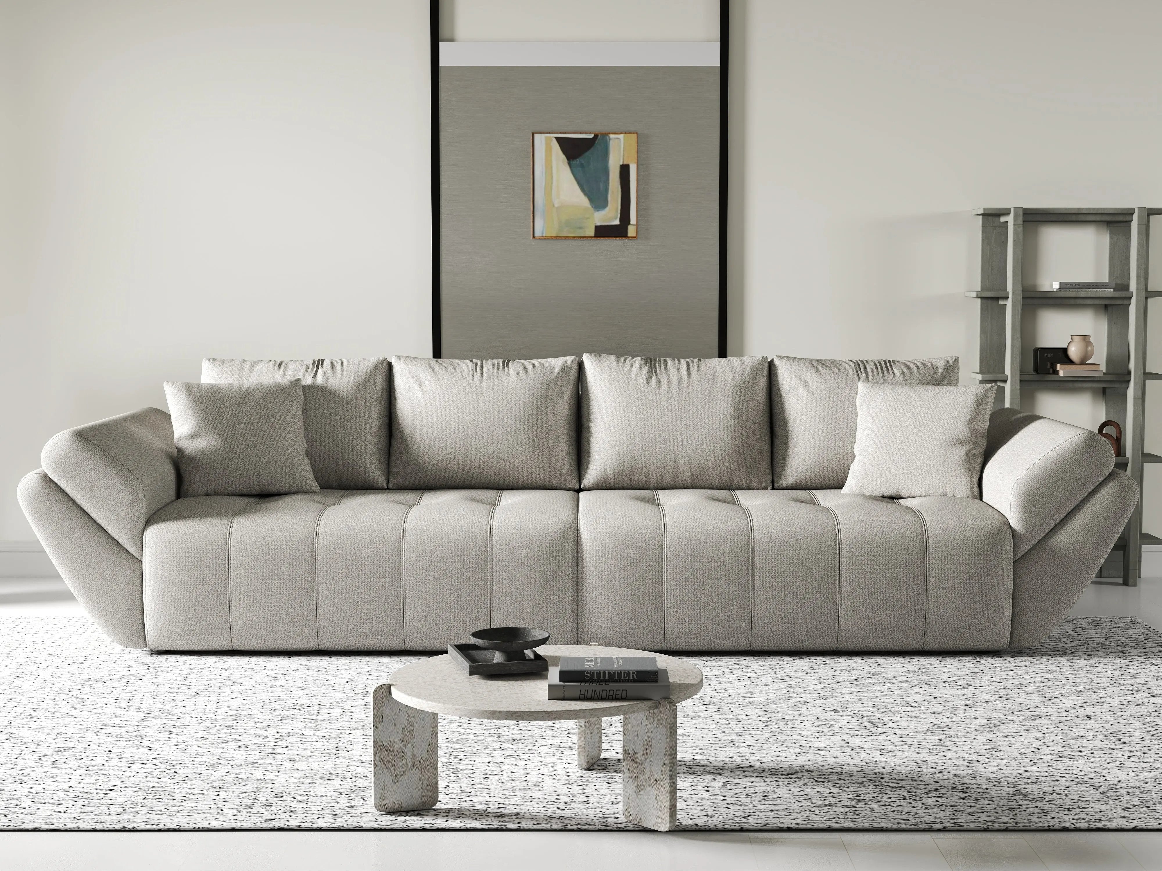 Canapea extensibilă dumonde cu ladă de depozitare si sezut confortabil din spuma HR, Berlin Enjoy Beige 300x100 cm Fabrica