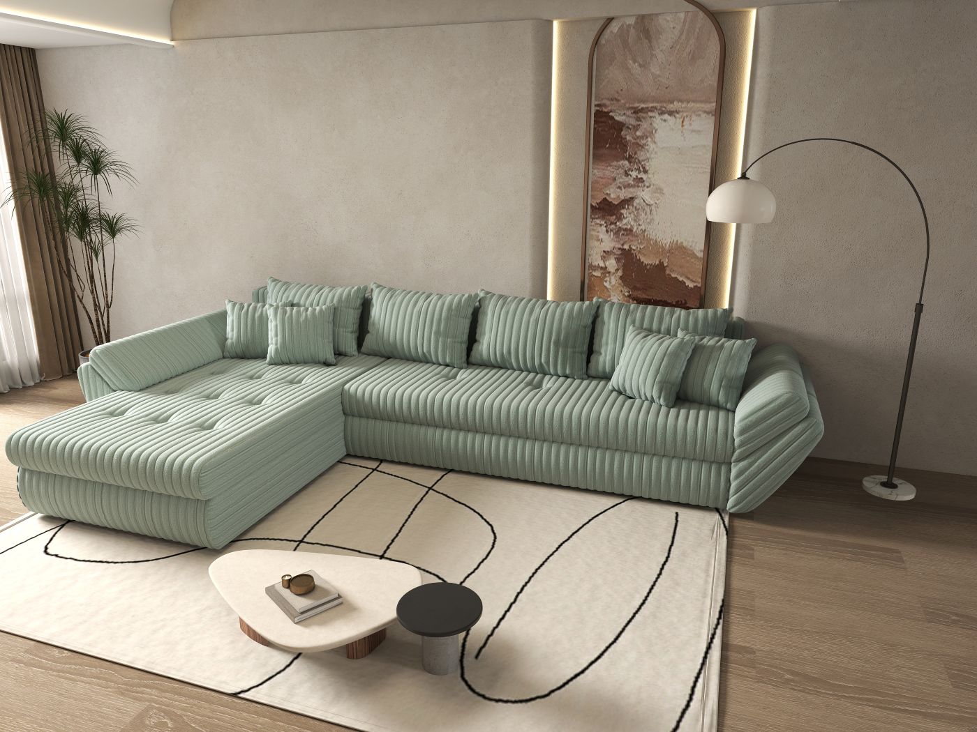 Colțar extensibil dumonde cu ladă de depozitare si sezut confortabil din spuma HR, Loana XL Ambience Mint 335x185 cm Fabrica