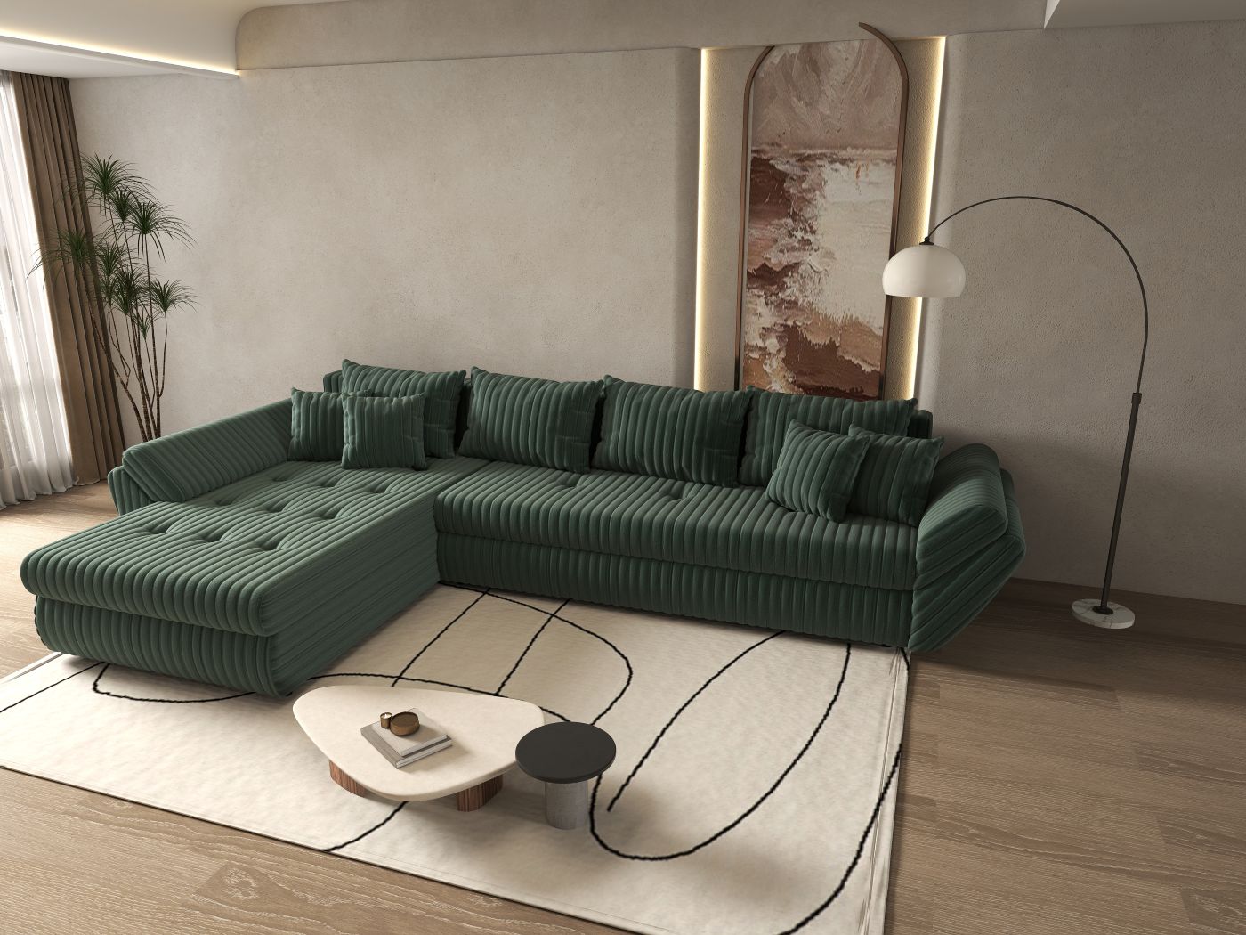 Colțar extensibil dumonde cu ladă de depozitare si sezut confortabil din spuma HR, Loana XL Ambience Verde 335x185 cm Fabrica