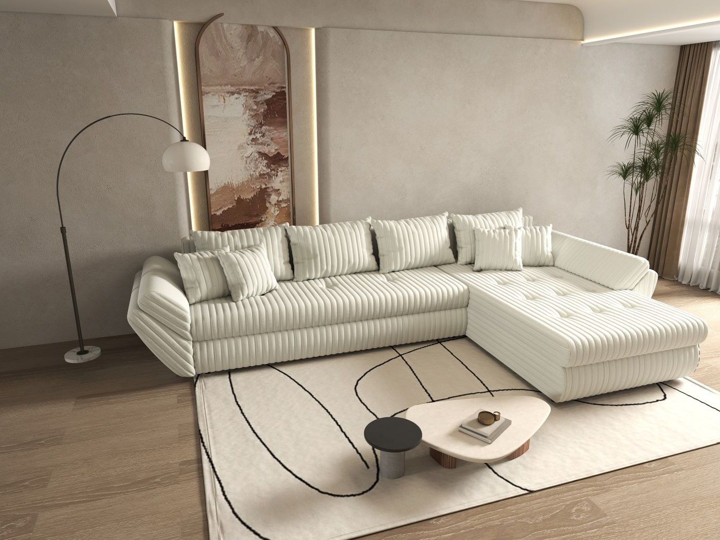 Colțar extensibil dumonde cu ladă de depozitare si sezut confortabil din spuma HR, Loana XL Ambience Ivory II 335x185 cm Fabrica