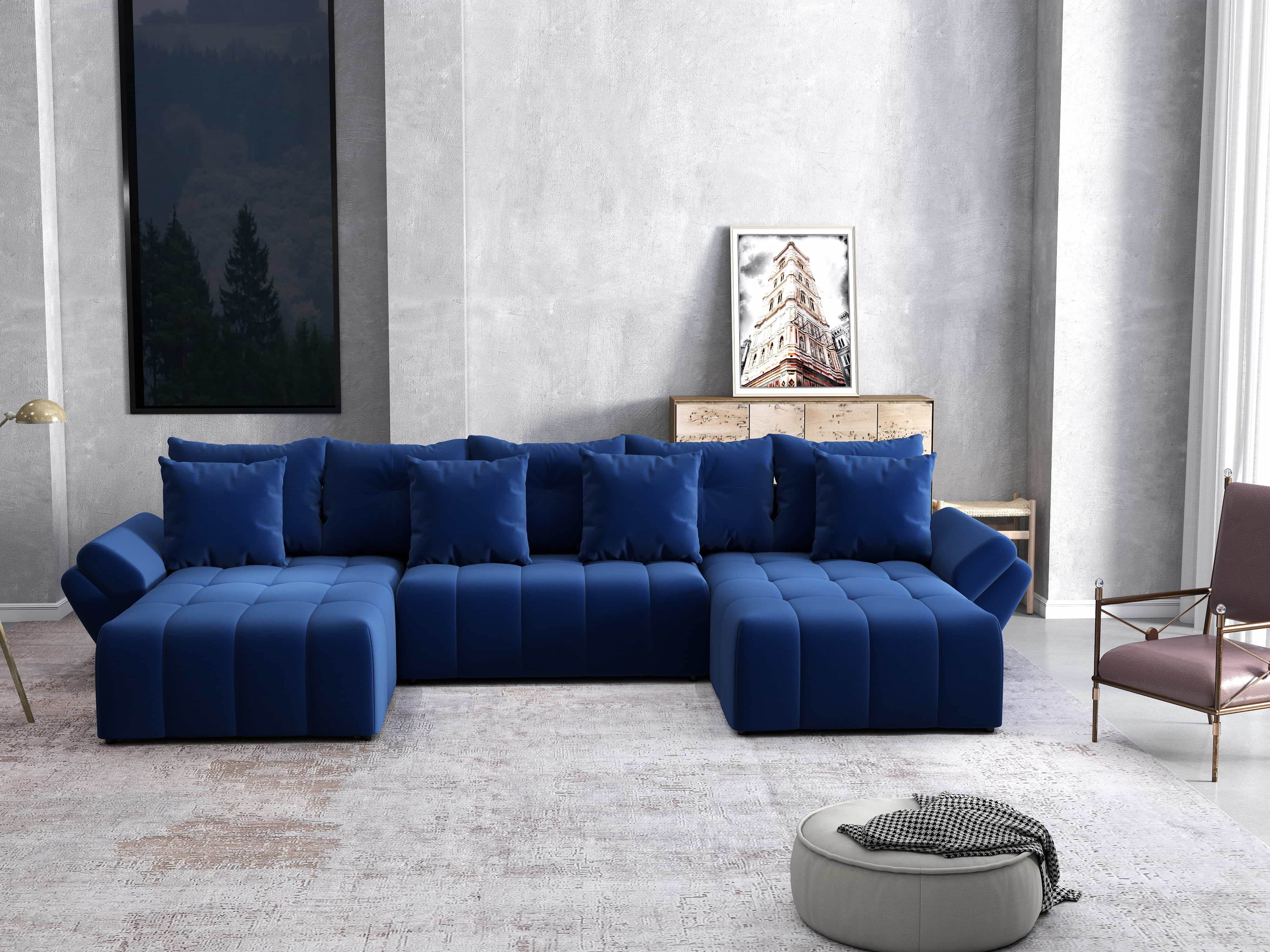 Colțar extensibil dumonde cu ladă de depozitare si sezut confortabil din spuma HR, Berlin U Royal Blue 380x180 cm Fabrica