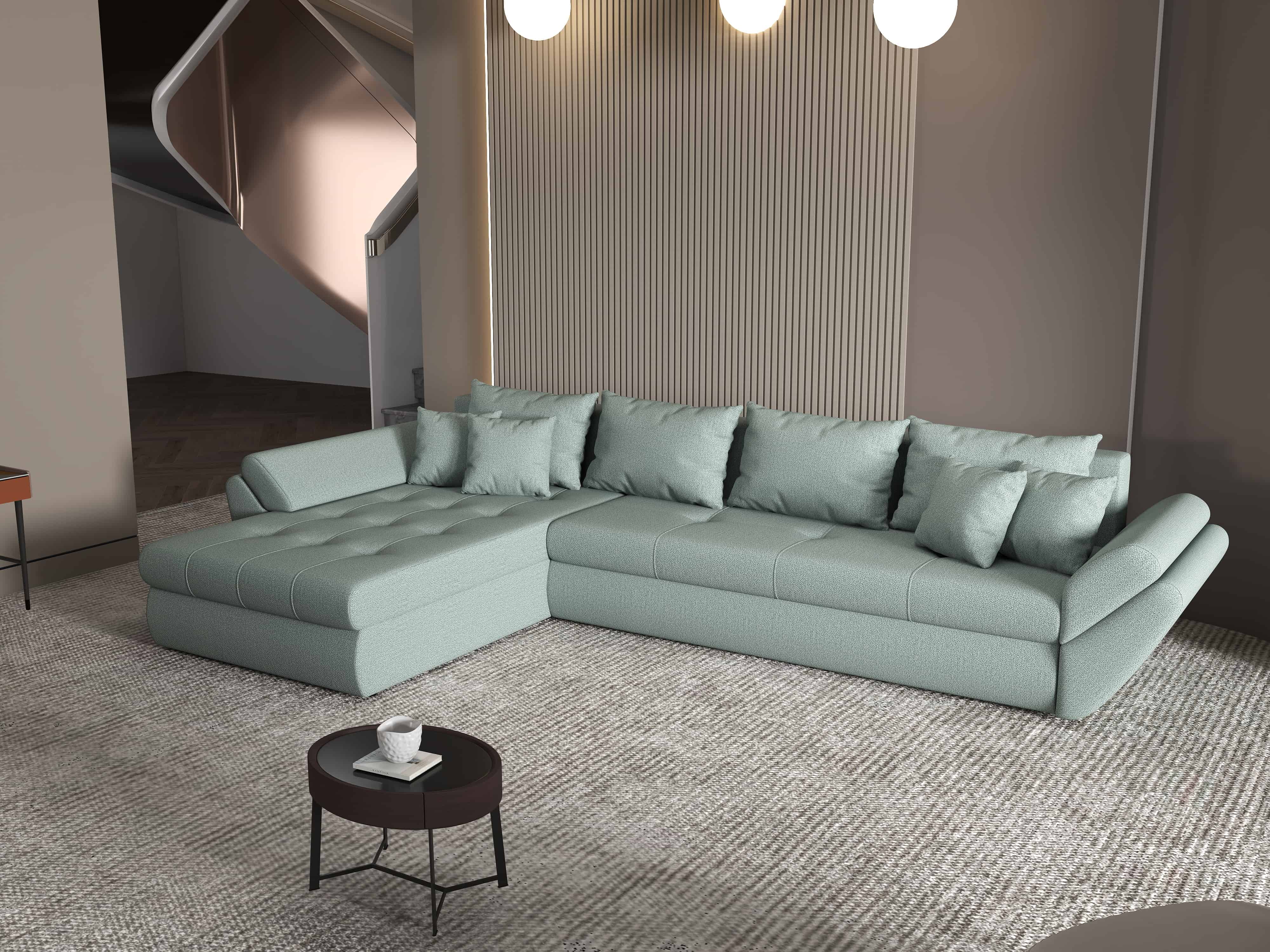 Colțar extensibil dumonde cu ladă de depozitare si sezut confortabil din spuma HR, Loana XL Enjoy Mint 335x185 cm Fabrica