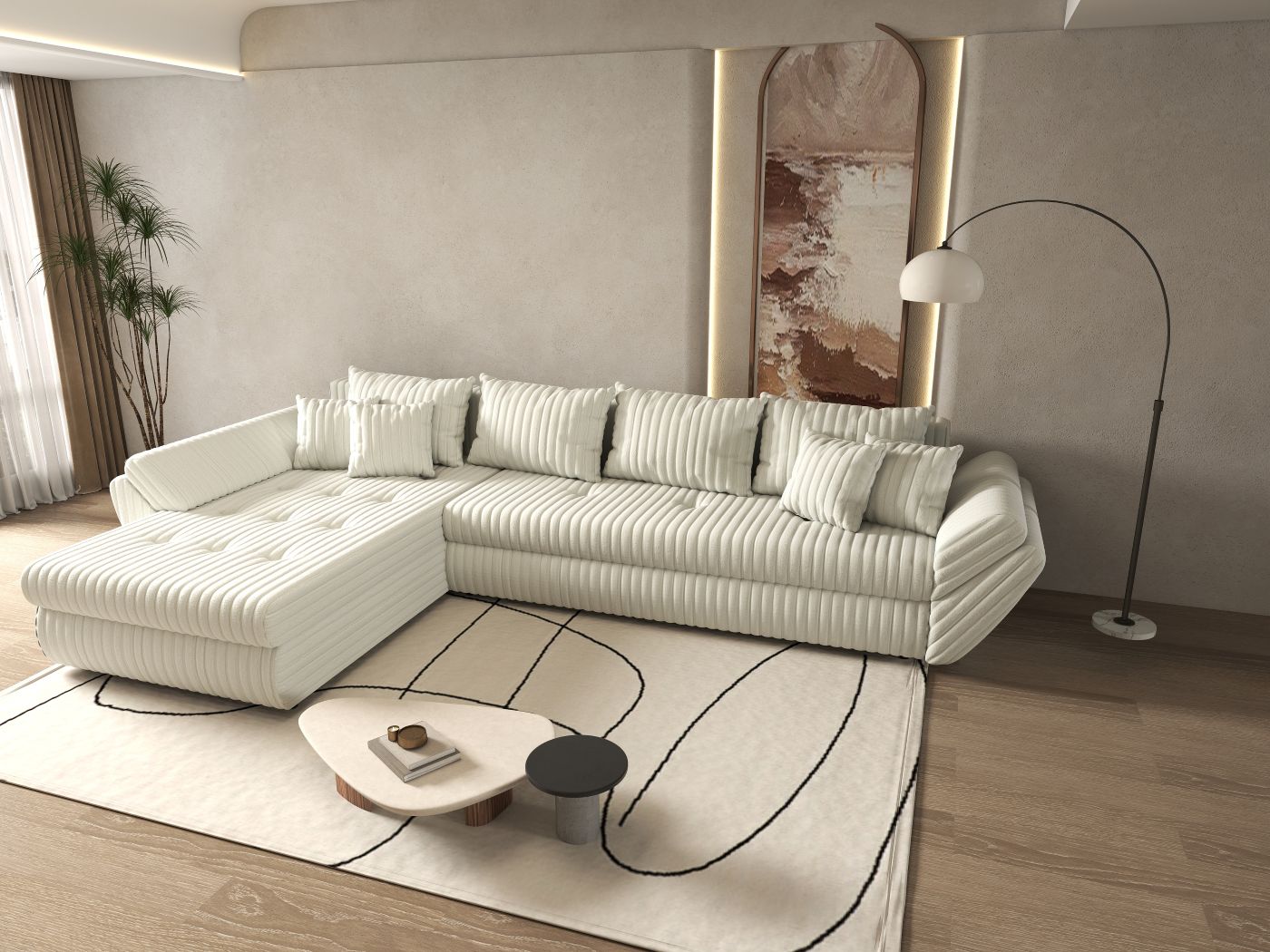 Colțar extensibil dumonde cu ladă de depozitare si sezut confortabil din spuma HR, Loana XL Ambience Ivory 335x185 cm Fabrica