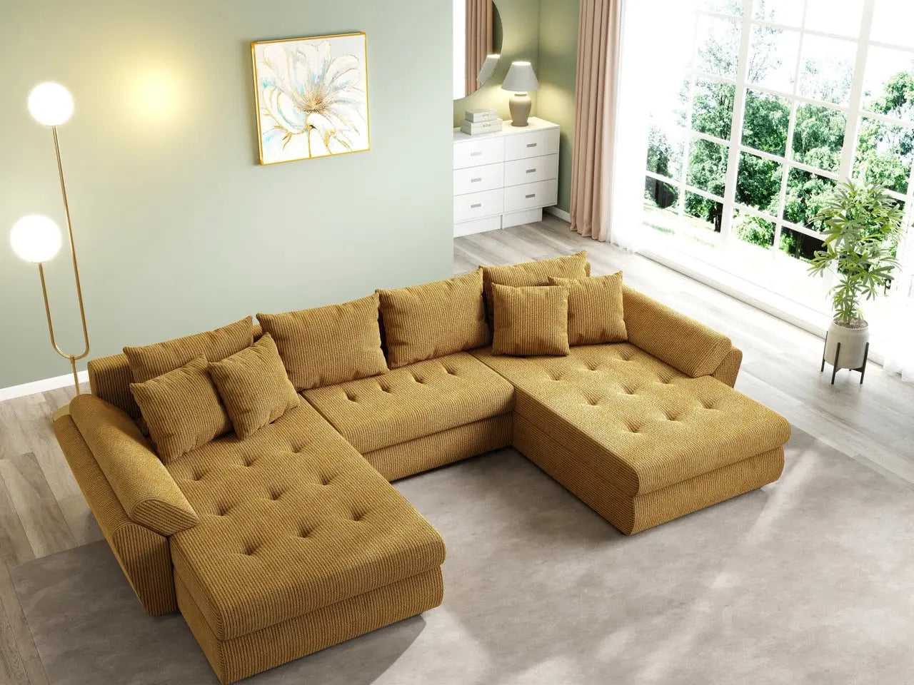 Colțar extensibil dumonde cu ladă de depozitare si sezut confortabil din spuma HR, Loana U Zoom Mustar 355x185 cm Fabrica