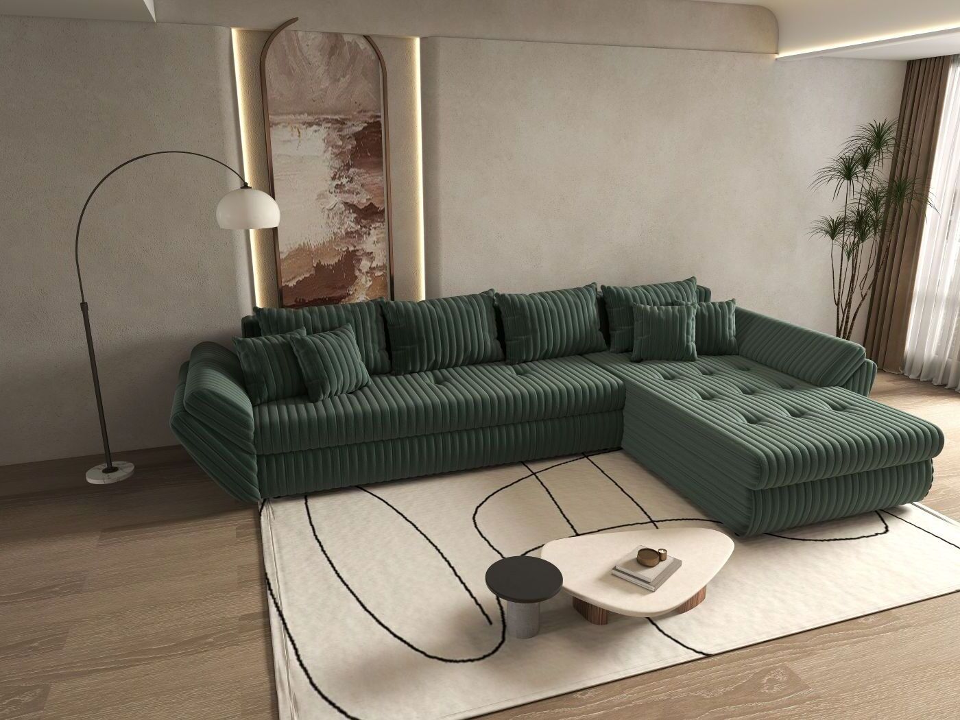 Colțar extensibil dumonde cu ladă de depozitare si sezut confortabil din spuma HR, Loana XL Ambience Verde II 335x185 cm Fabrica