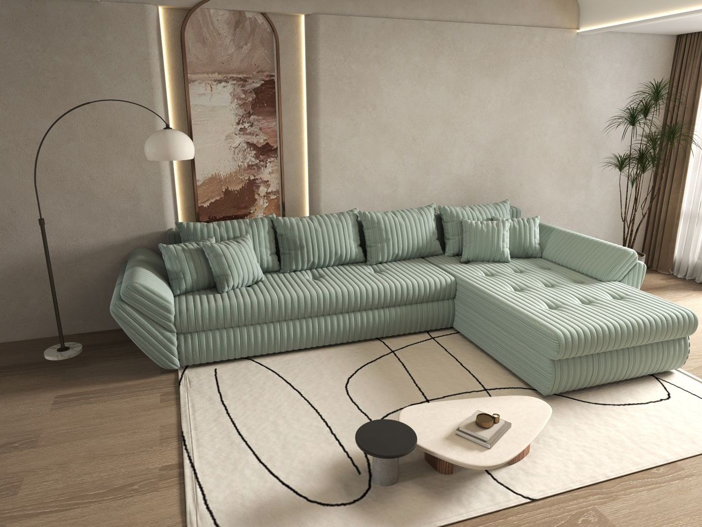 Colțar extensibil dumonde cu ladă de depozitare si sezut confortabil din spuma HR, Loana XL Ambience Mint II 335x185 cm Fabrica