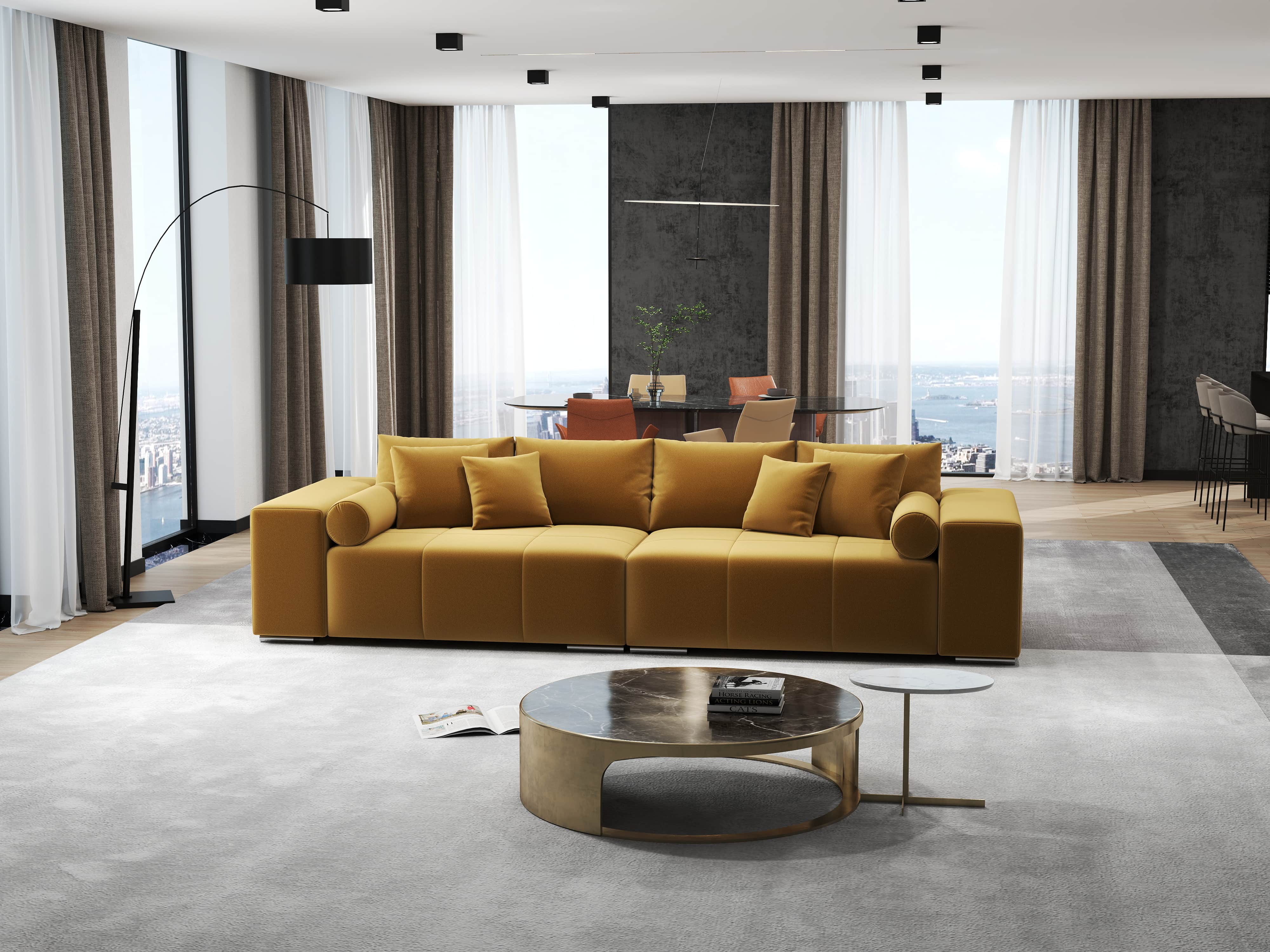 Canapea extensibilă dumonde cu ladă de depozitare si sezut confortabil din spuma HR, Marbela Royal Mustar XXL 295x100 cm fabrica